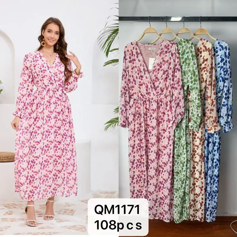 Vestido largo de manga larga con estampado de puntos y cuello V-QM1171