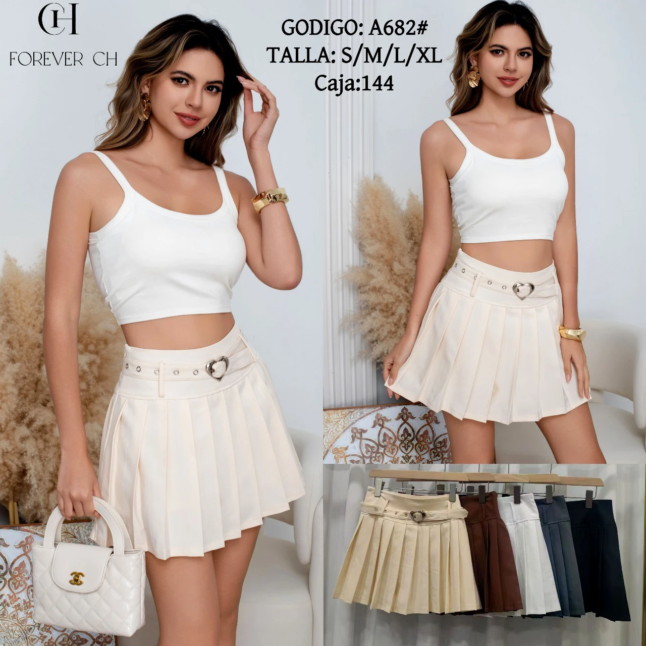 Falda plisada con cinturón de corazón-A682