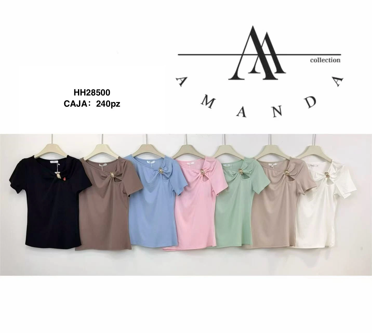 Blusa de manga corta con detalle de nudo y abertura-HH28500