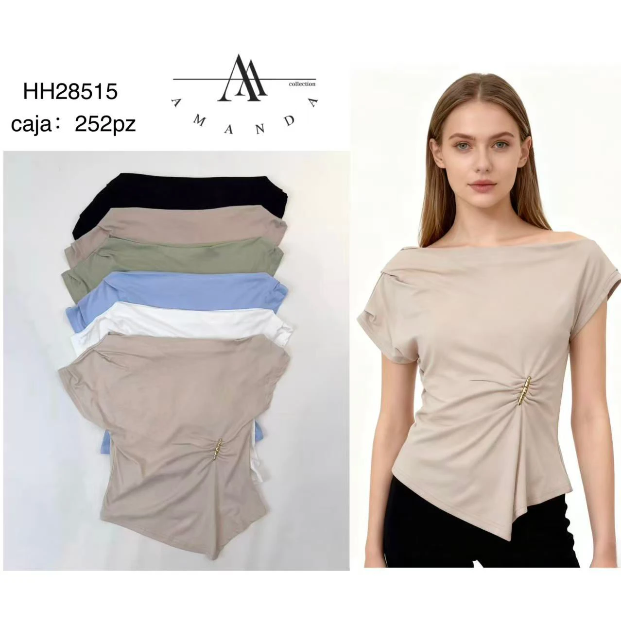 Blusa de manga corta con escote barco-HH28515