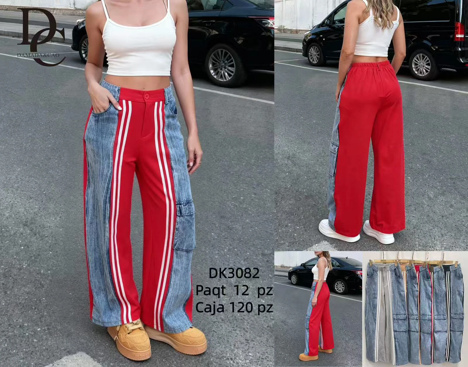 Pantalón Bicolor de Mujer con Rayas y Bolsillos Cargo-DK3082