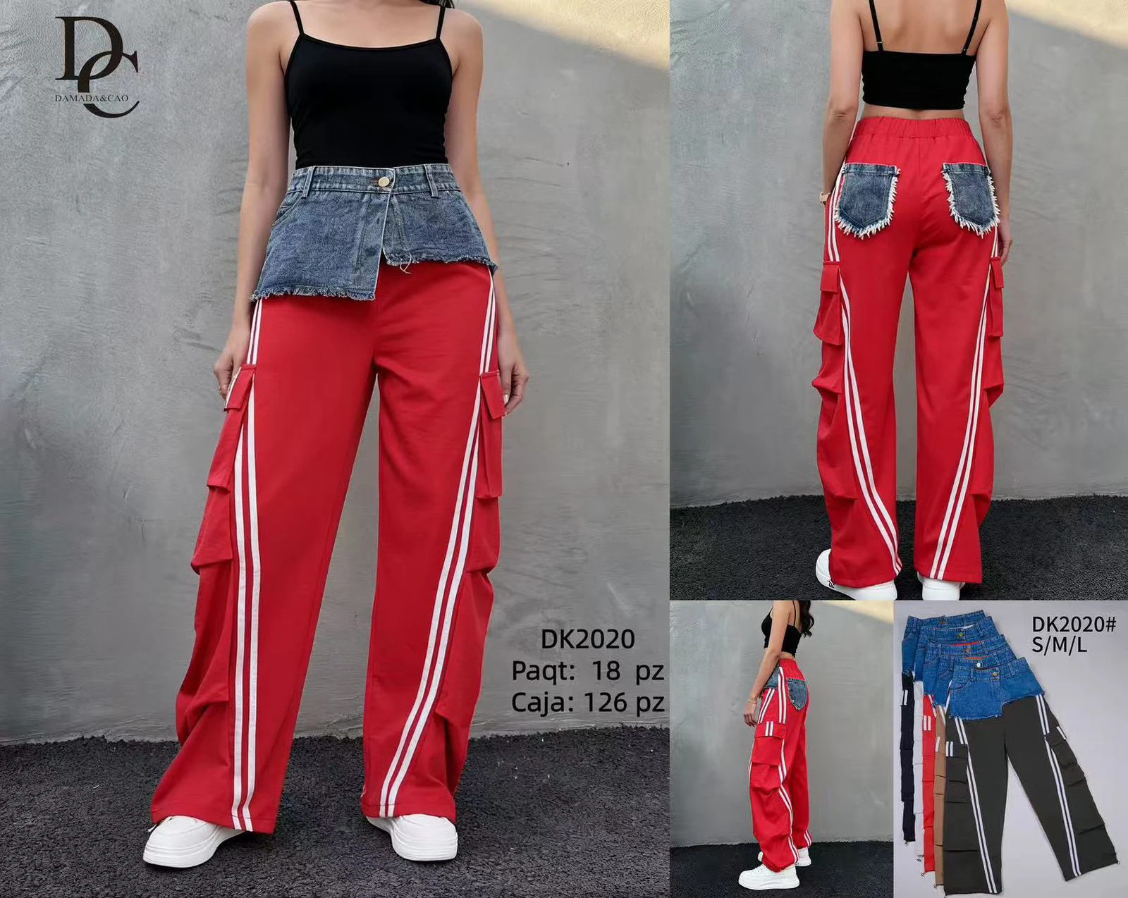 Pantalones cargo con rayas y detalles de mezclilla-DK2020
