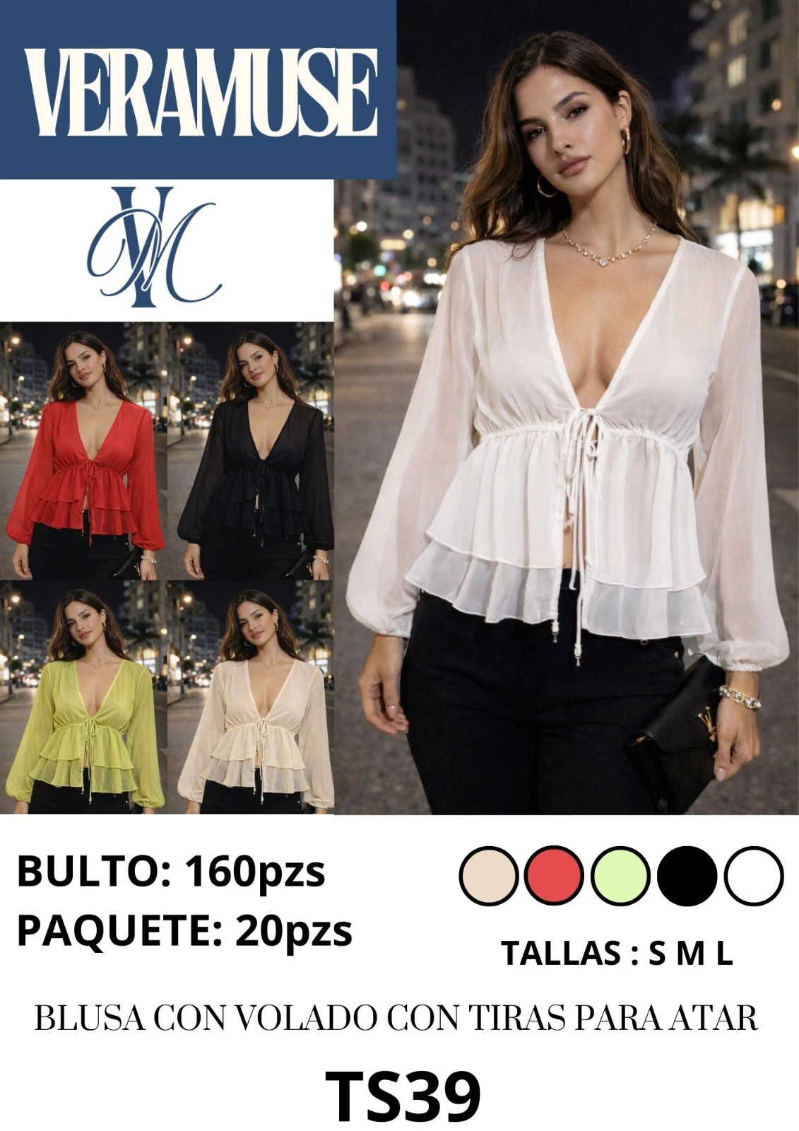 Blusa con volado con tiras para atar-TS39