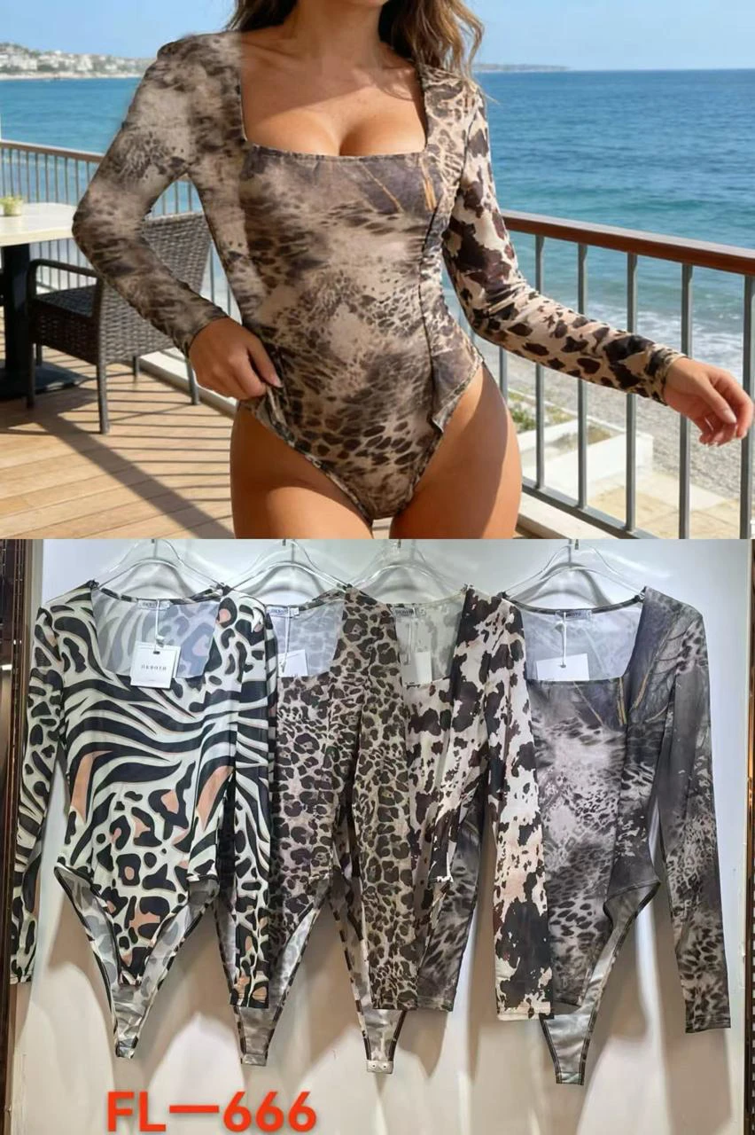 Bodysuit de manga larga con estampado animal-FL666