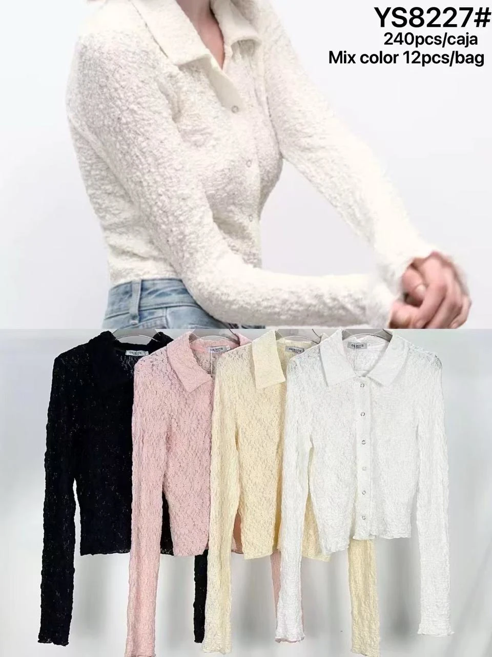 Camisa de manga larga texturizada con cuello y botones-YS8227