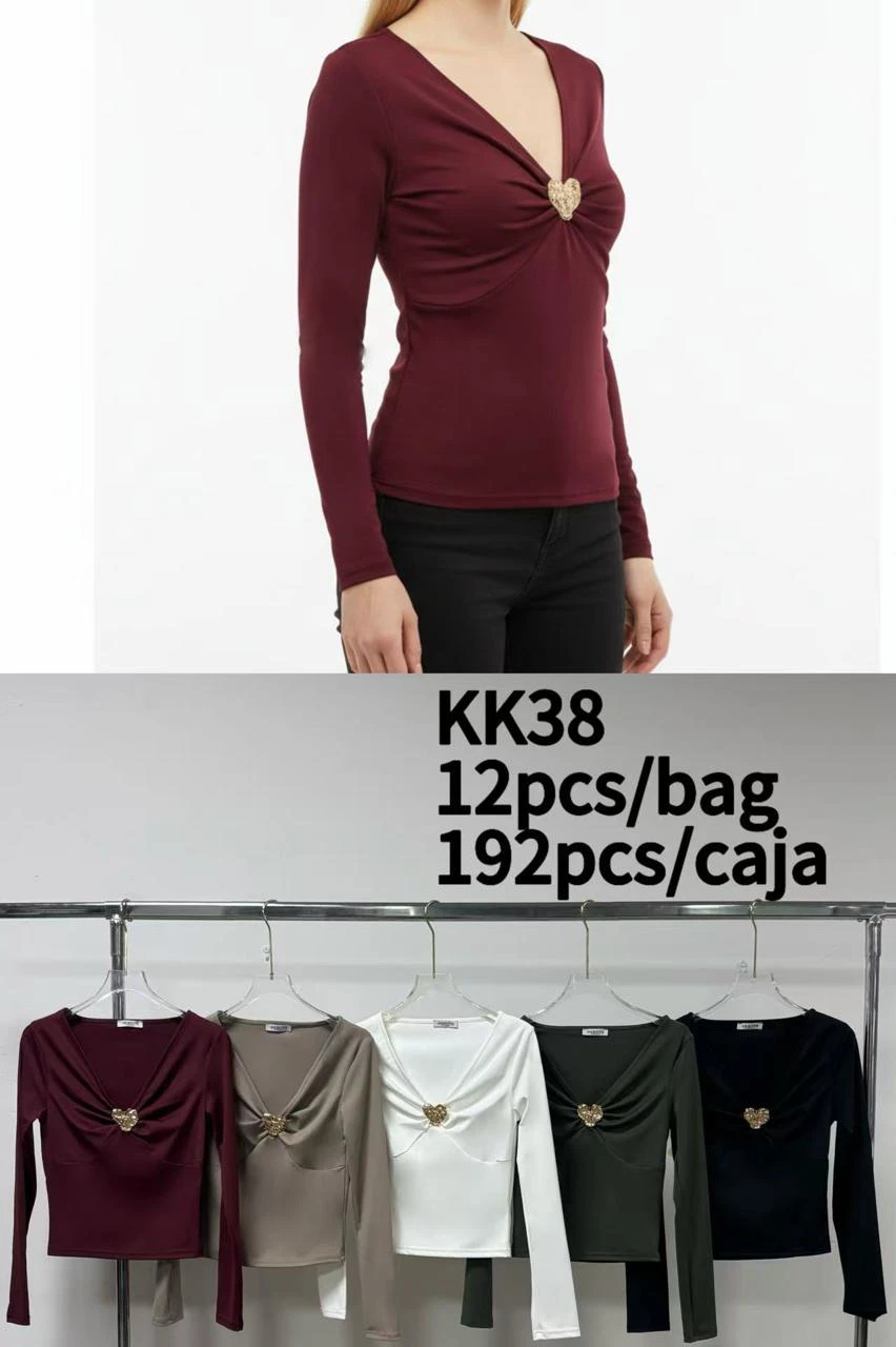 Top de manga larga con cuello en V y detalle de corazón-KK38