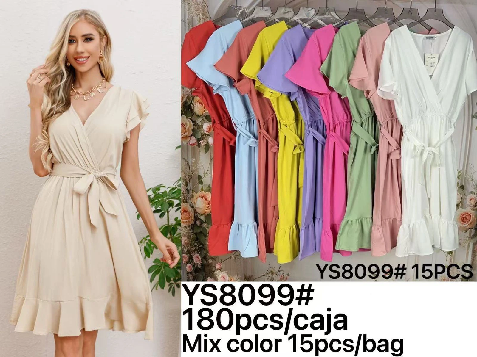 Vestido casual de cuello en V con cinturón y volantes-YS8099