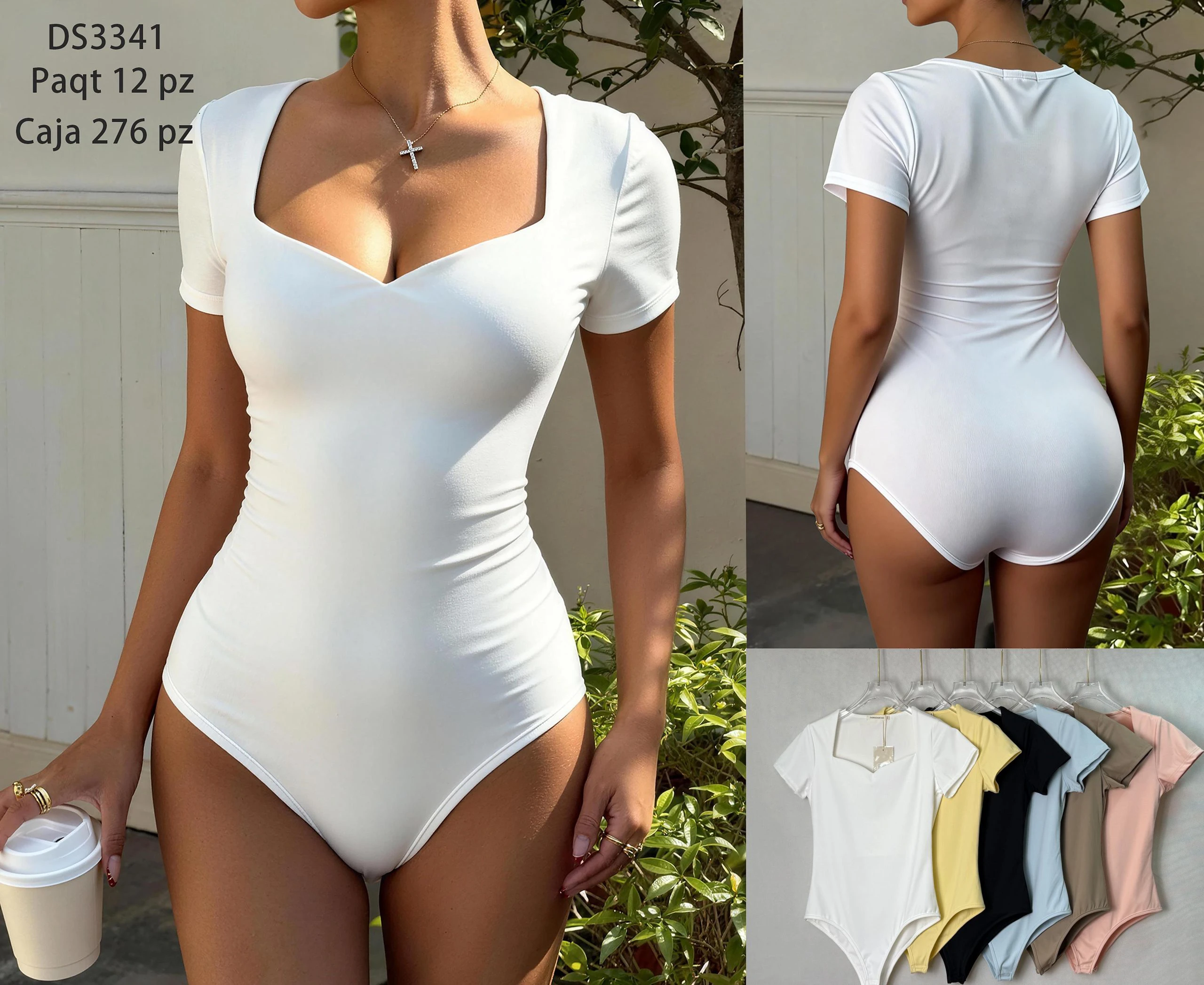 Body de manga corta con cuello cuadrado-DS3341