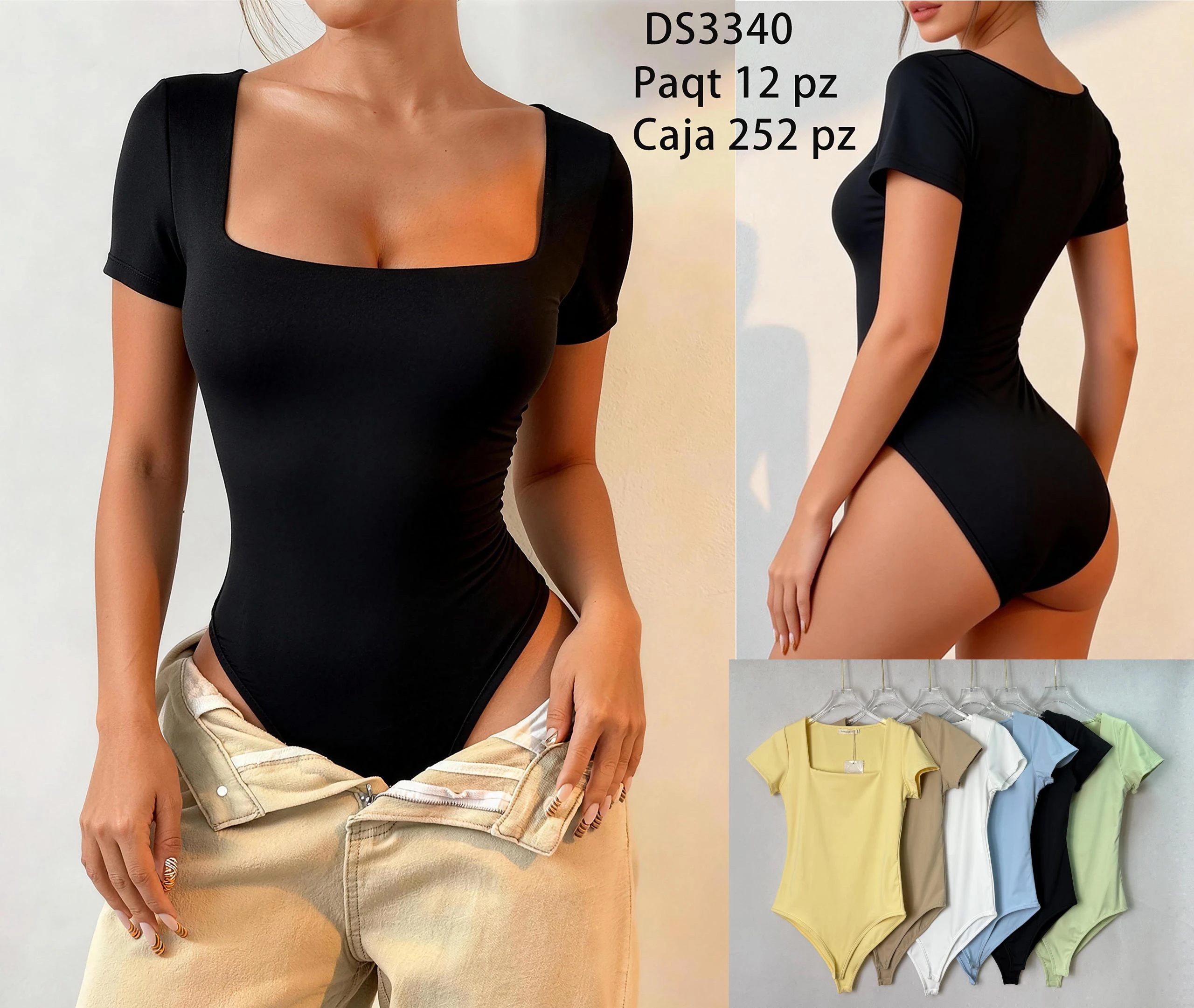 Body de manga corta y cuello cuadrado-DS3340
