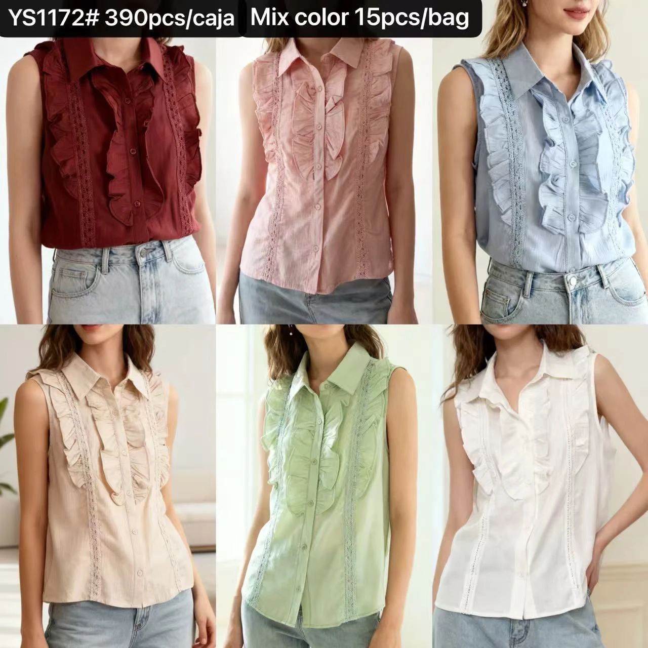 Blusa sin mangas con volantes y botones-YS1172
