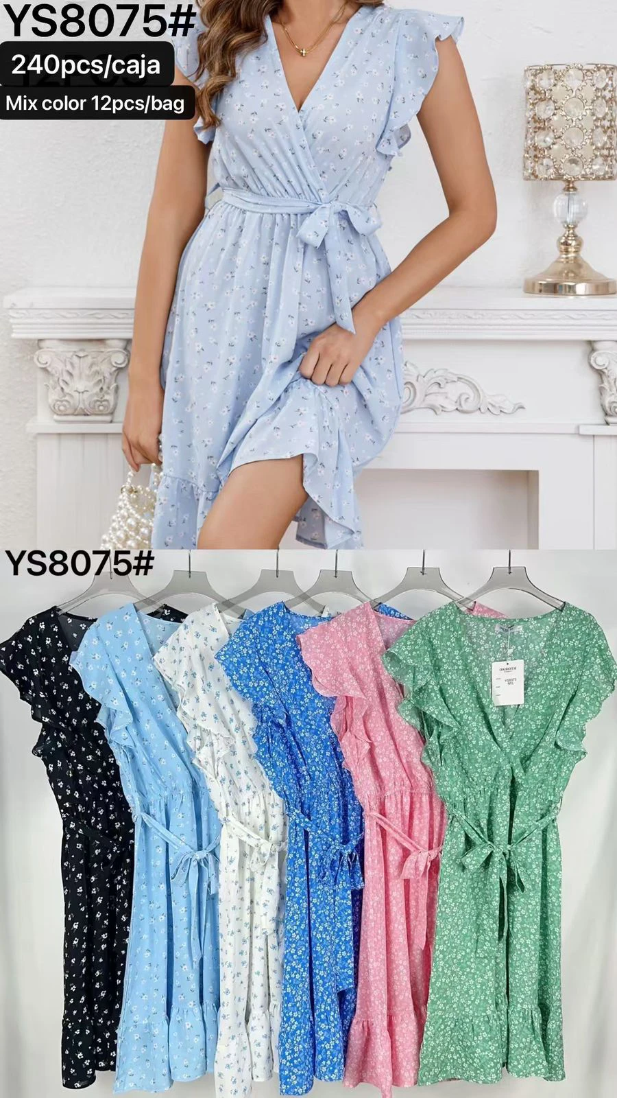 Vestido corto con estampado floral y escote en V-YS8075