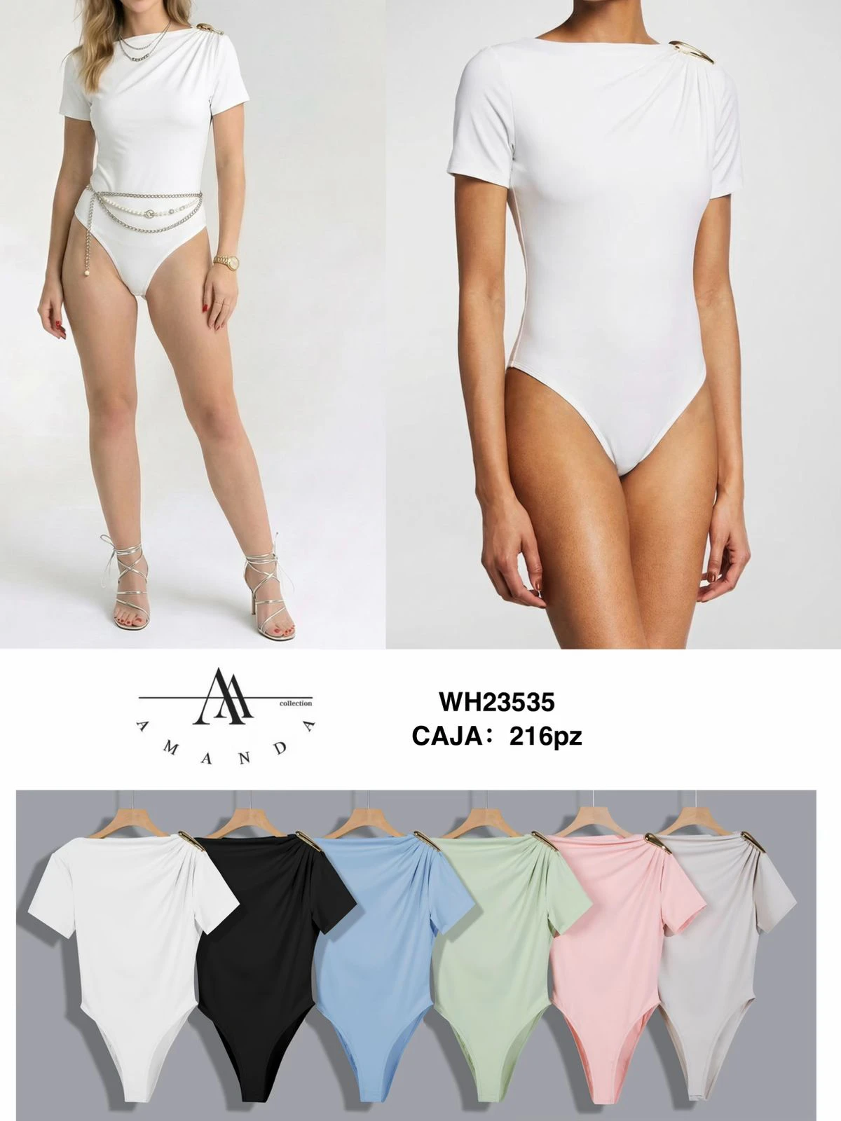 Body de manga corta con cuello barco y detalle de hebilla-WH23535