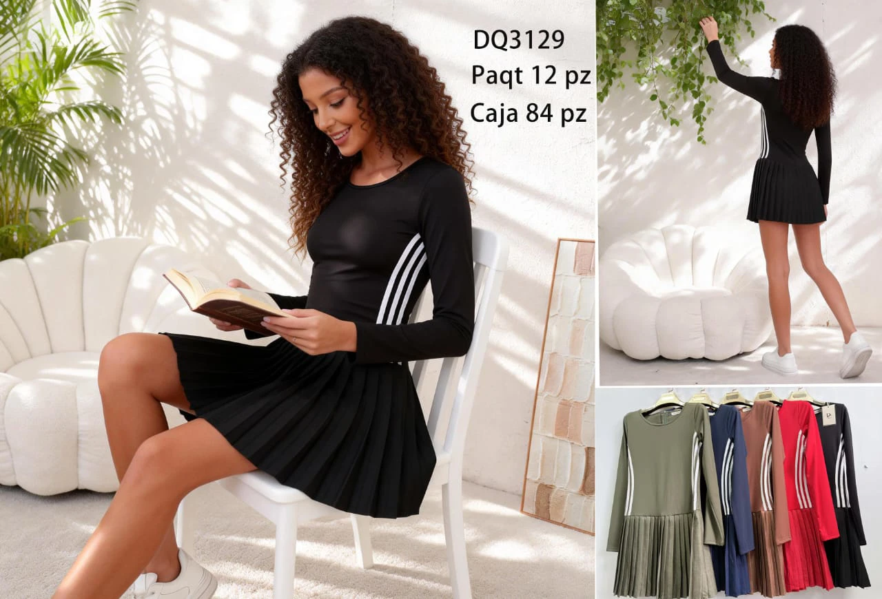 Vestido de manga larga con falda plisada y rayas-DQ3129