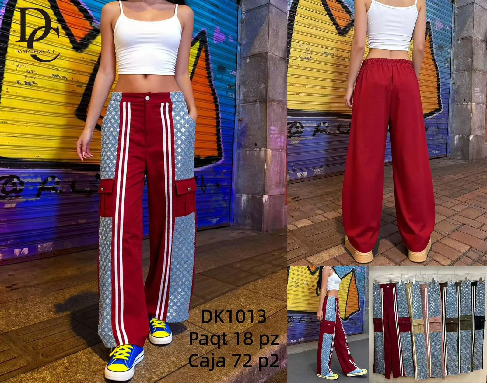 Pantalones cargo de pierna ancha con diseño de retazos-DK1013