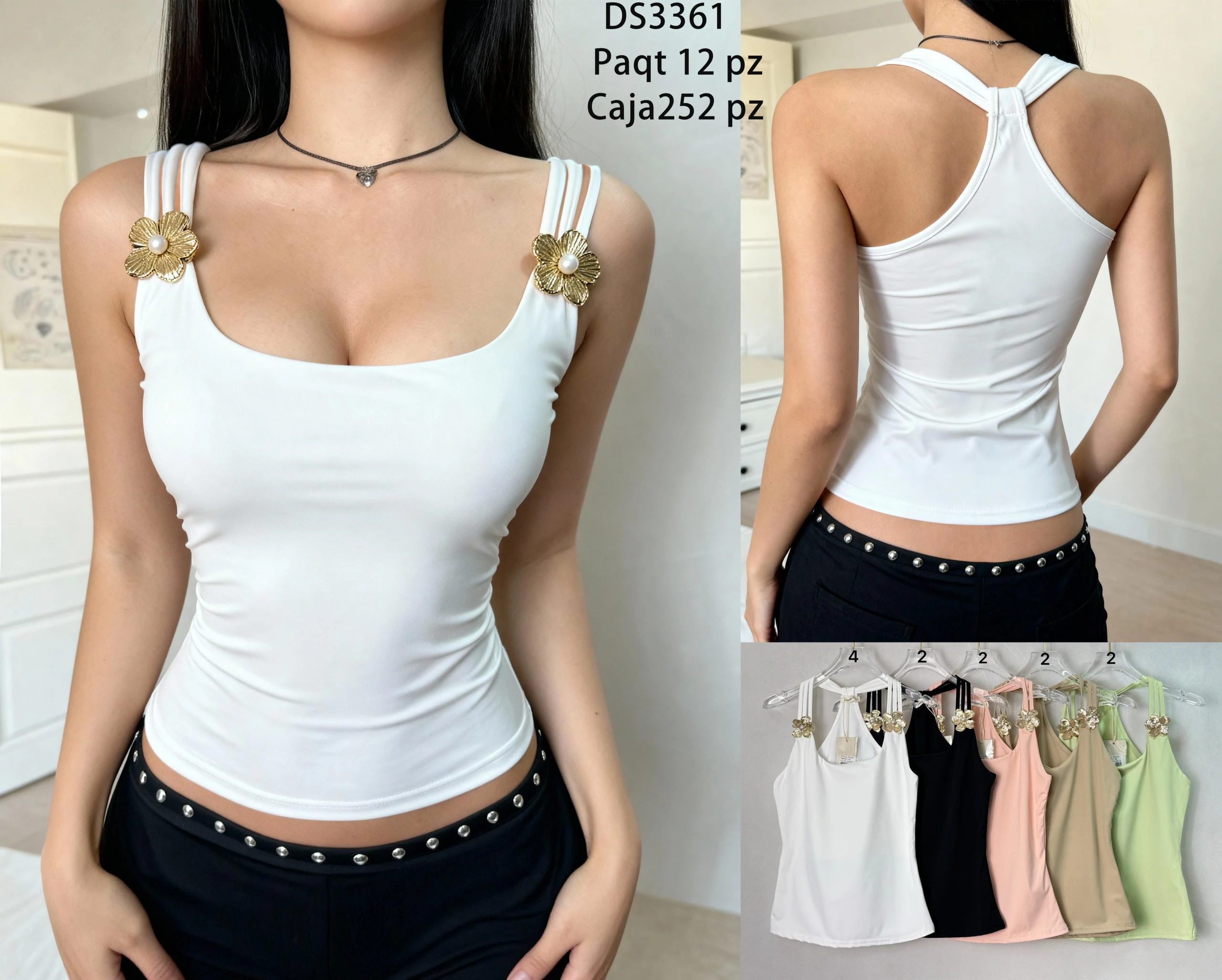 Top sin mangas con broche floral-DS3361