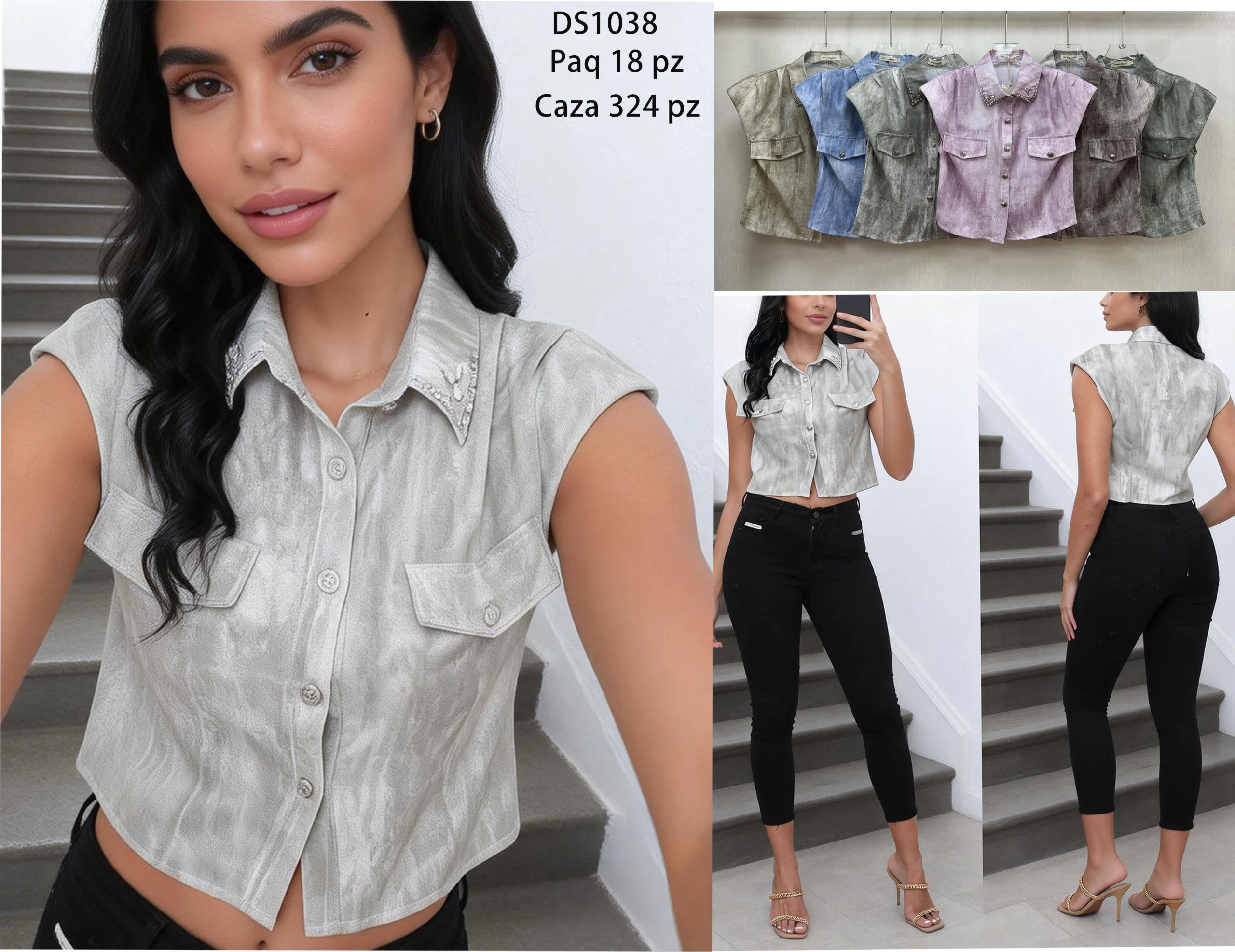 Blusa crop sin mangas con cuello decorado y bolsillos-DS1038