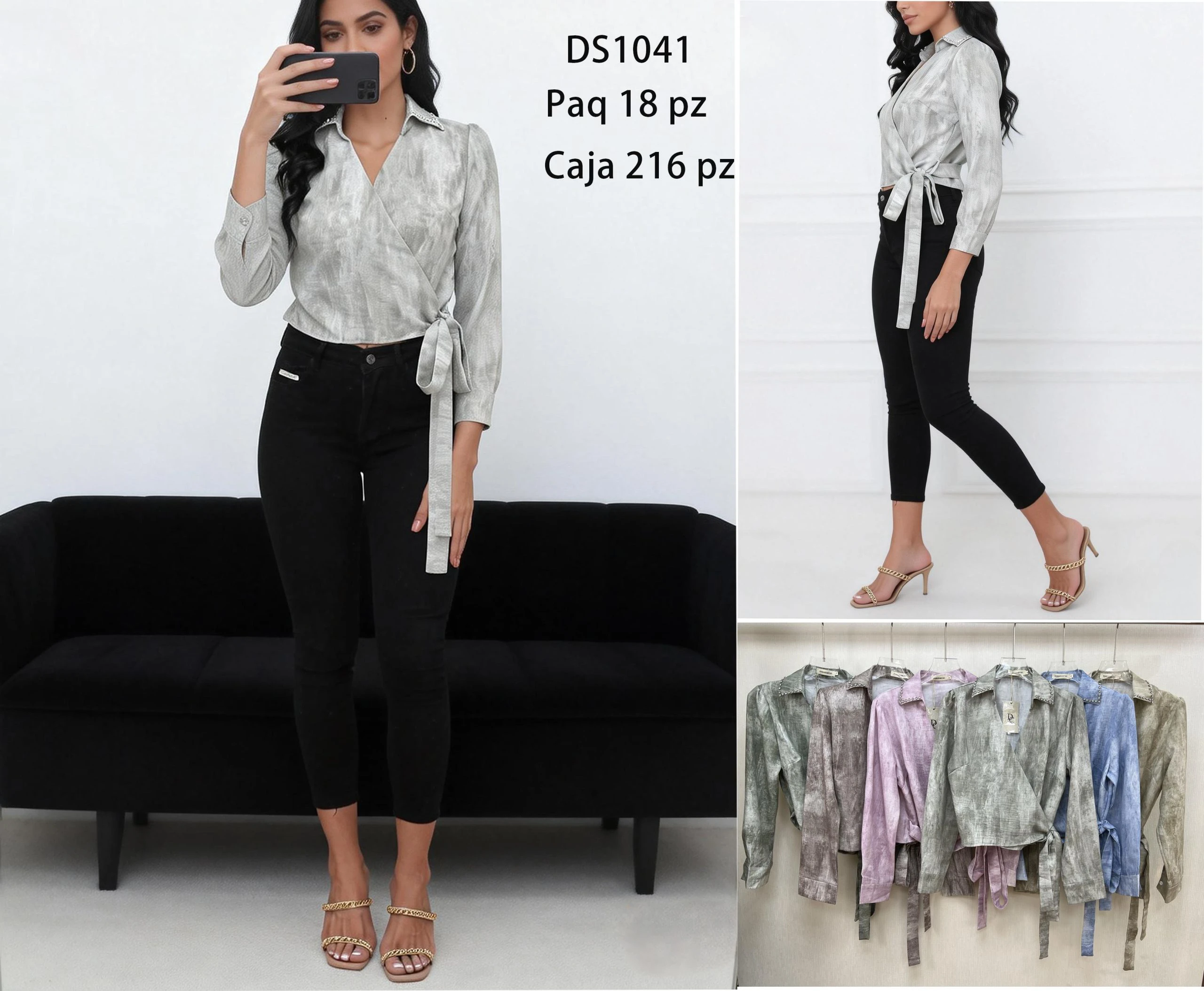 Blusa cruzada de manga larga con cuello detallado-DS1041