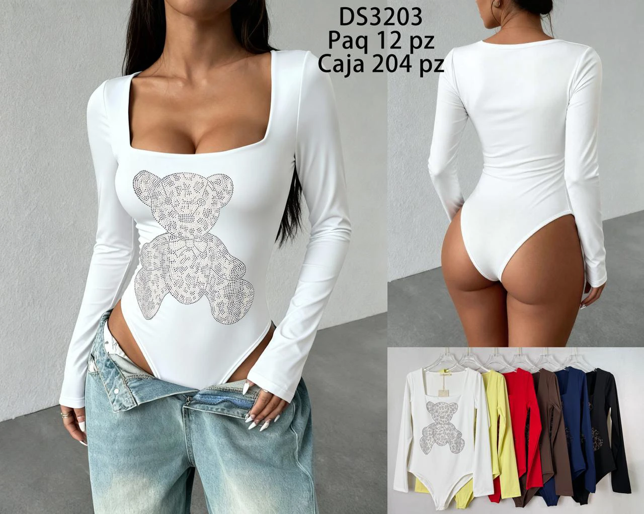 Body de manga larga con diseño de oso de pedrería-DS3203