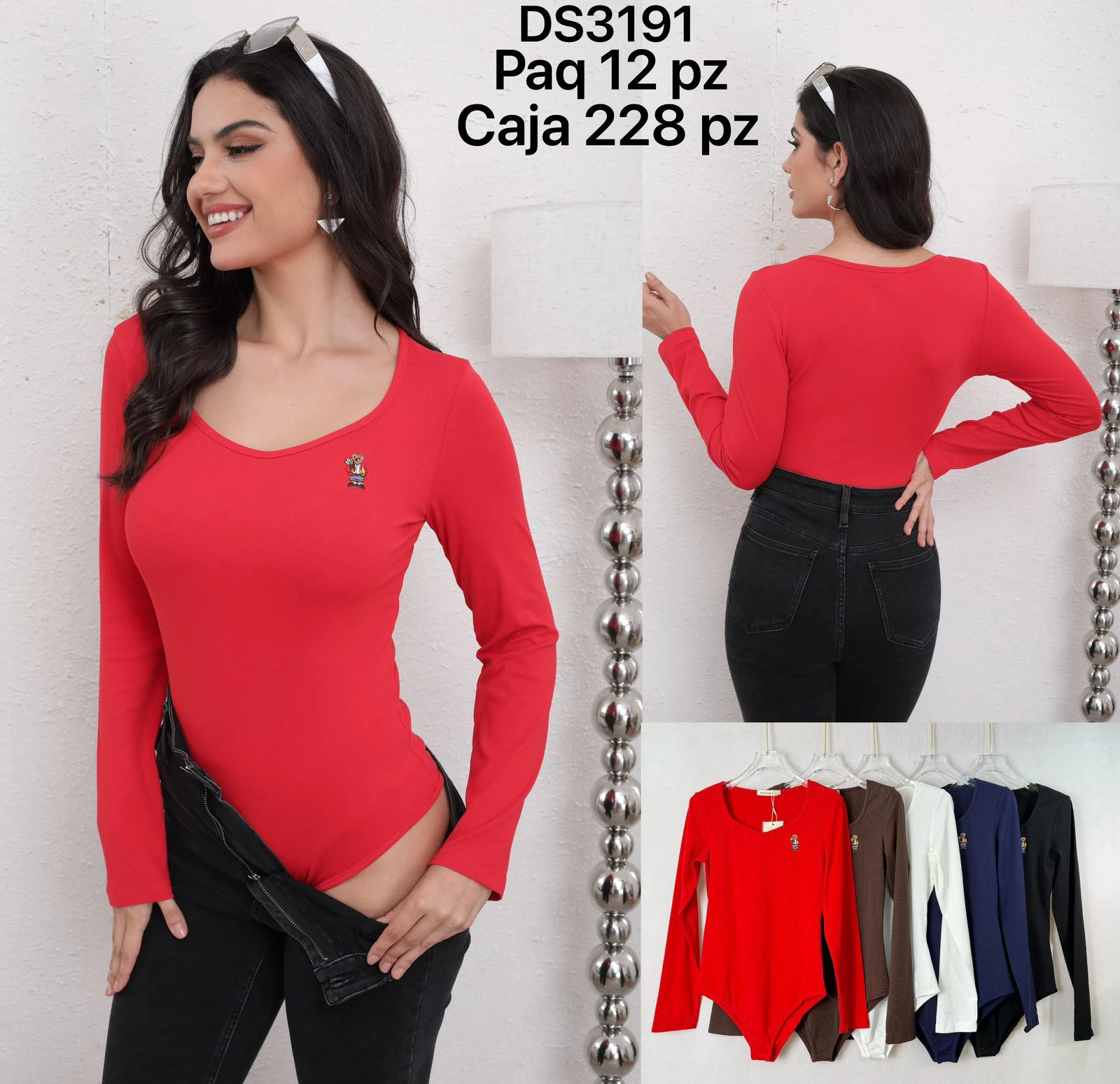 Body de manga larga con escote en V y bordado de oso-DS3191