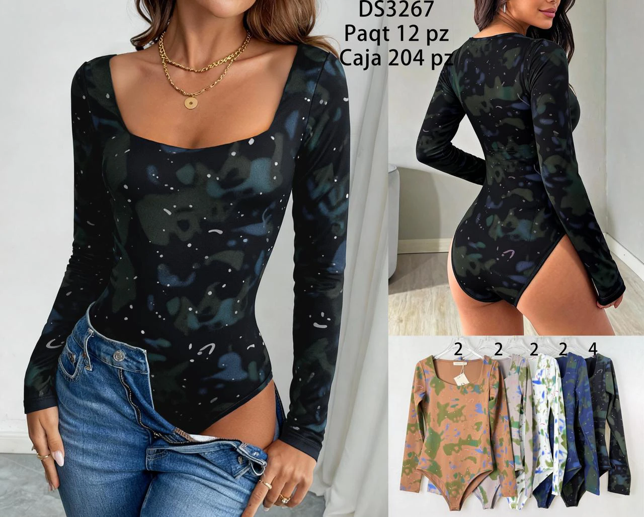Body Manga Larga Cuello Cuadrado con Estampado-DS3267