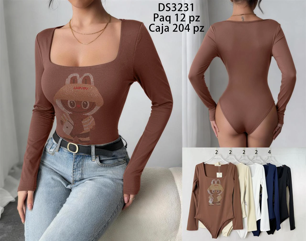 Bodysuit de manga larga con cuello cuadrado y estampado de personaje-DS3231