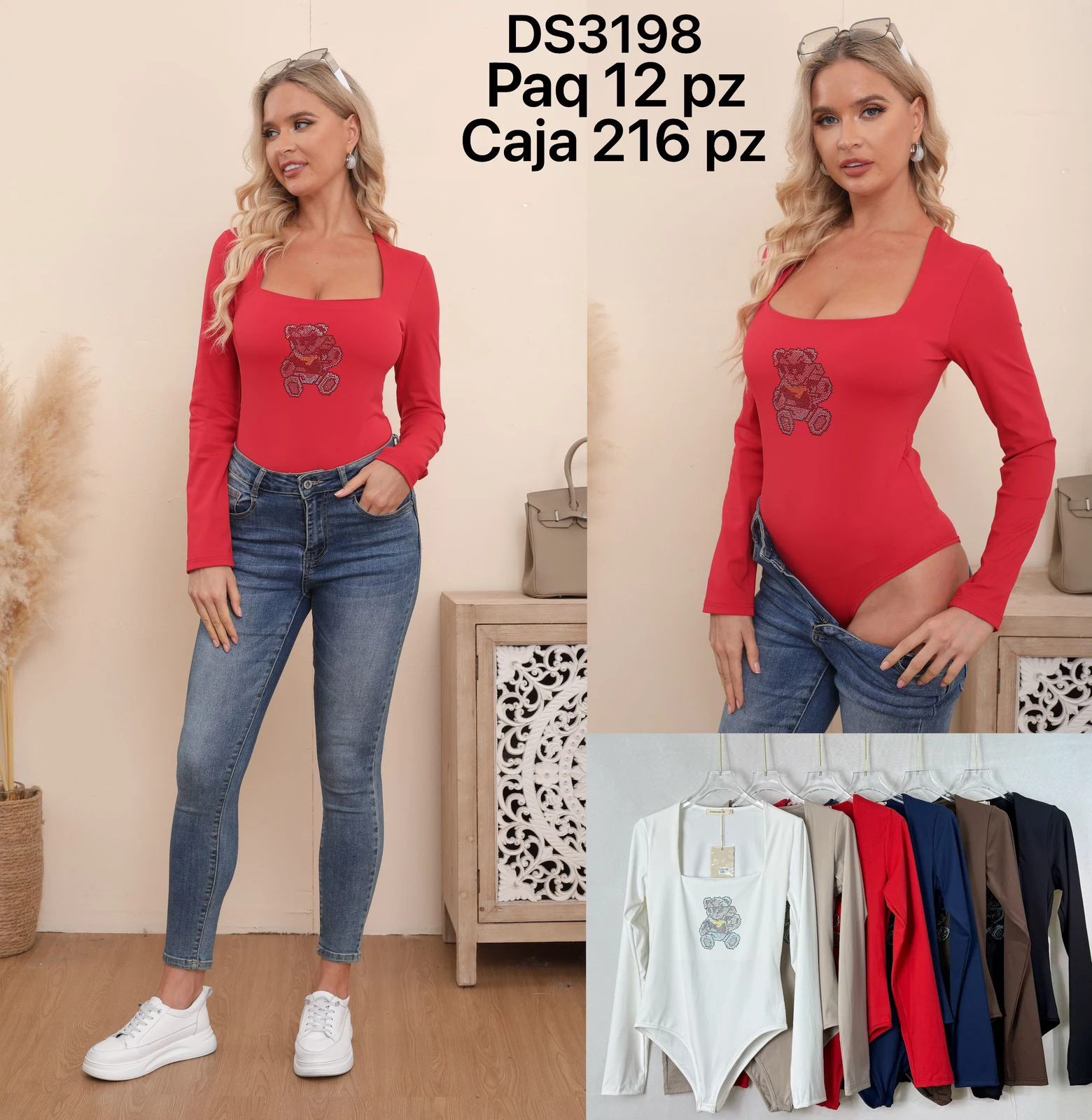 Bodysuit de manga larga con estampado de oso de pedrería-DS3198