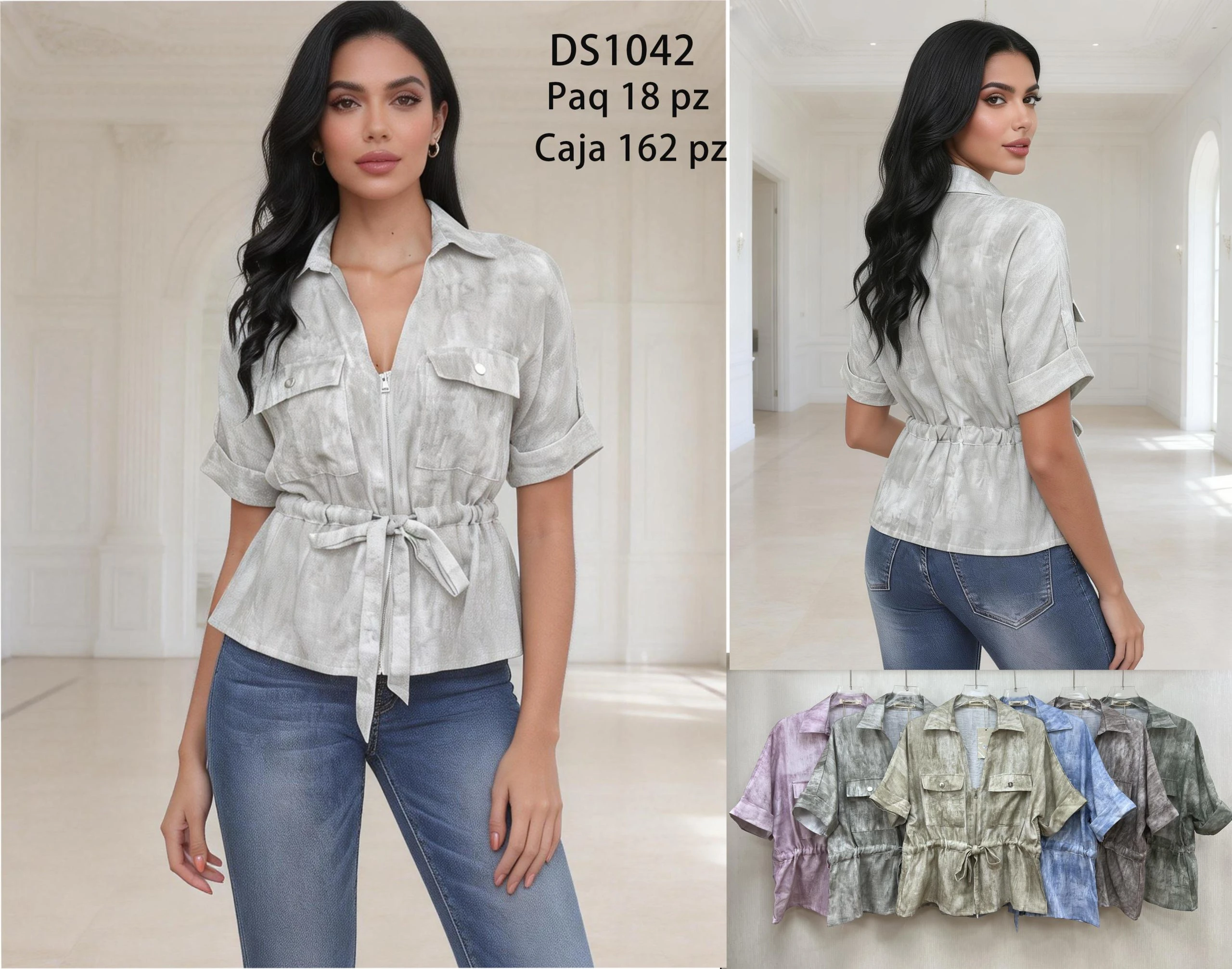 Camisa de manga corta con cierre y cordón ajustable-DS1042
