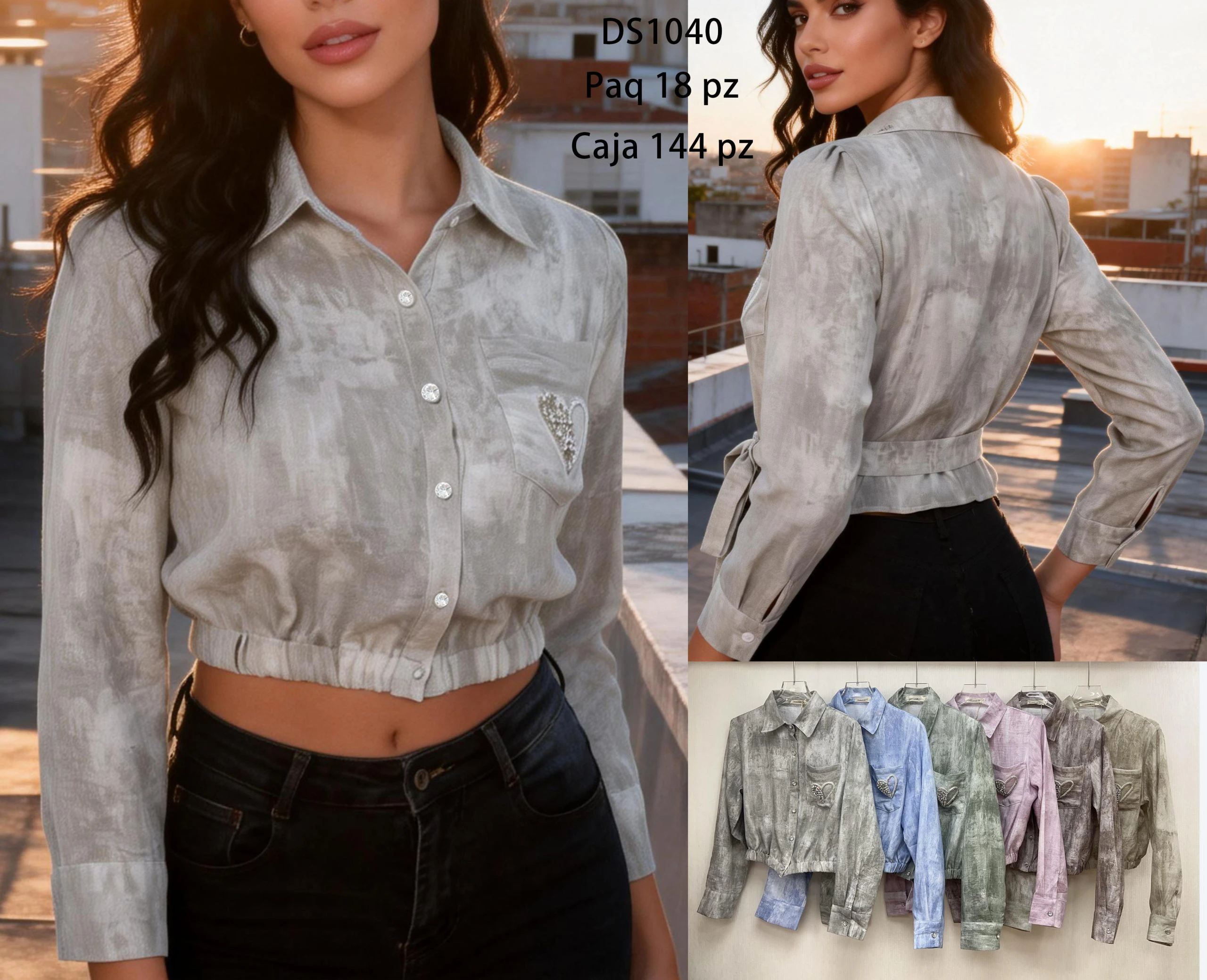 Camisa de manga larga con botones de pedrería y detalle de corazón-DS1040