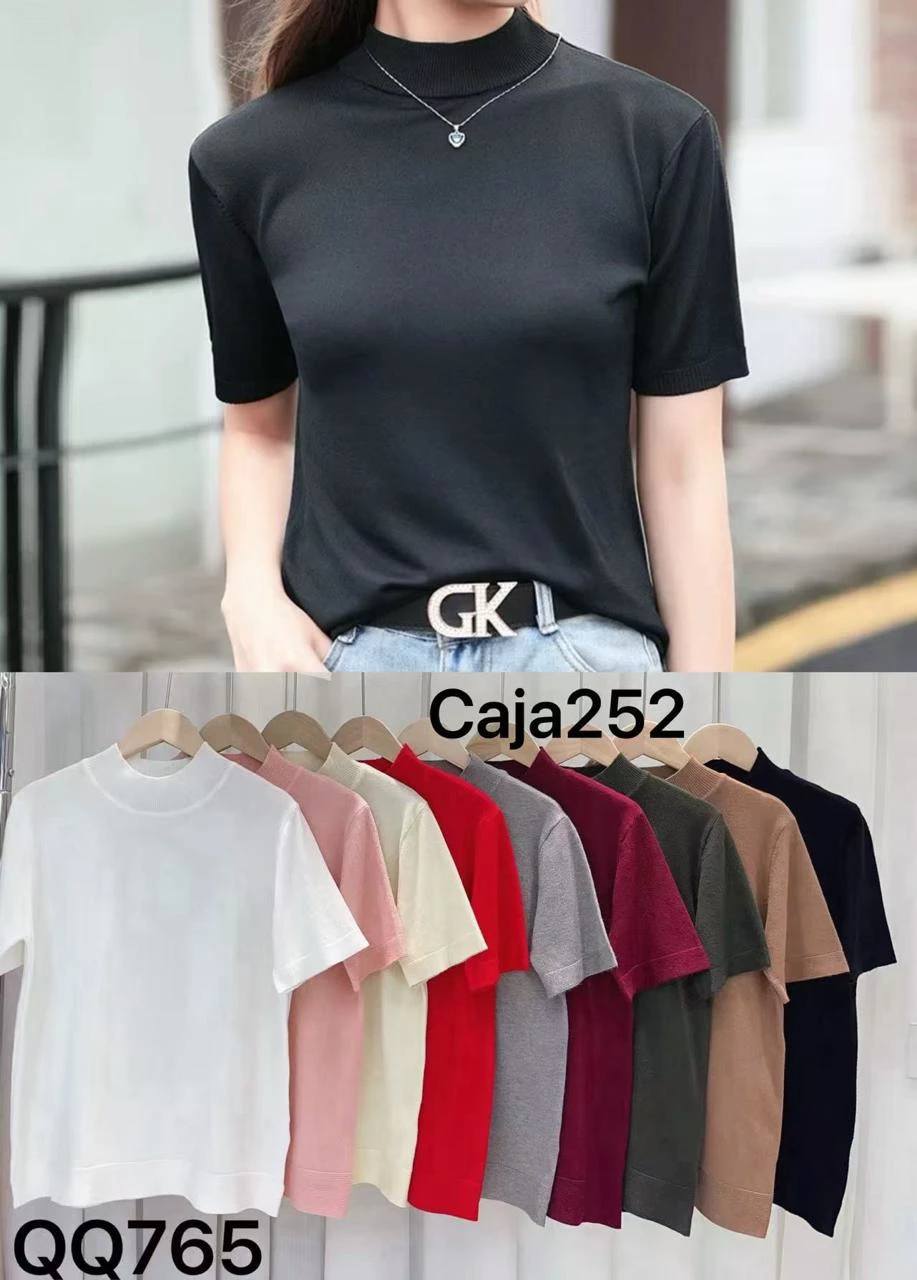 Blusa de manga corta con cuello alto-QQ765