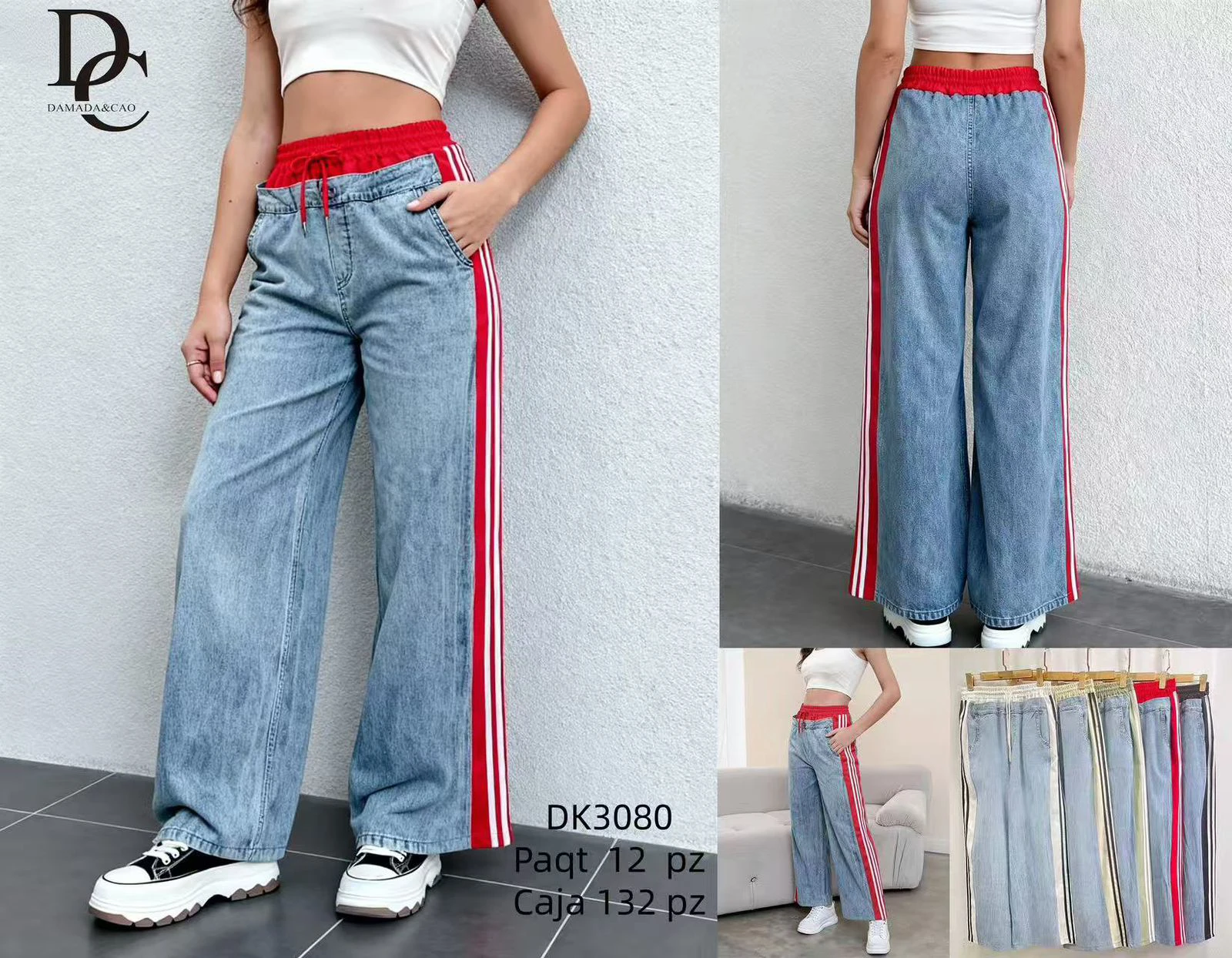 Pantalones anchos con banda elástica y raya lateral-DK3080
