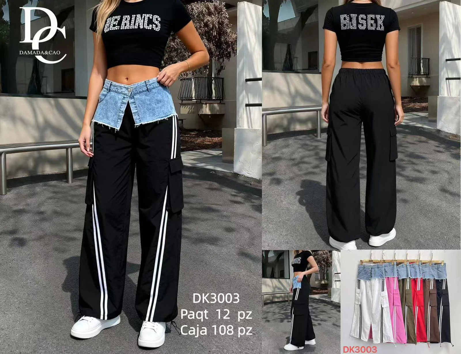 Pantalones cargo de mujer con diseño en la cintura y rayas laterales-DK3003