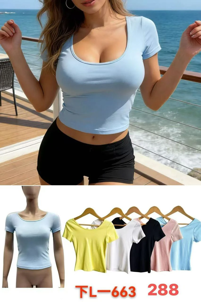 Blusa de manga corta con cuello redondo-FL-663