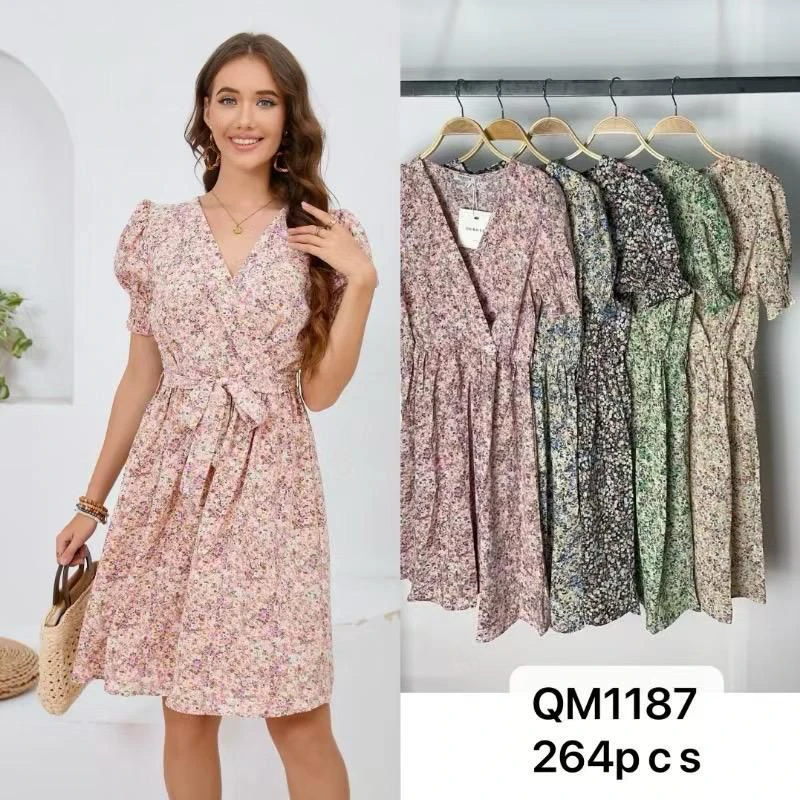Vestido cruzado floral con lazo en la cintura-QM1187