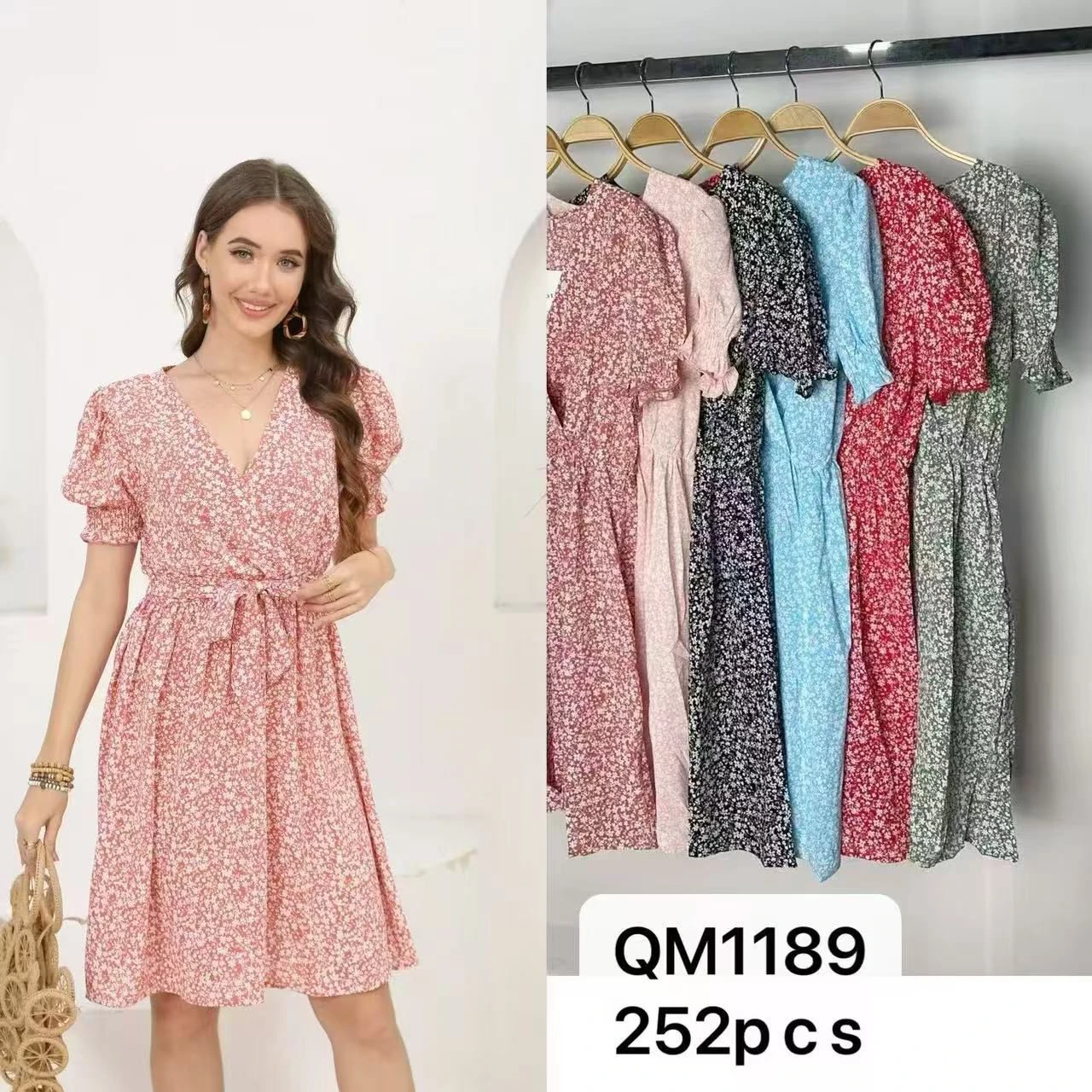 Vestido cruzado floral de manga corta-QM1189