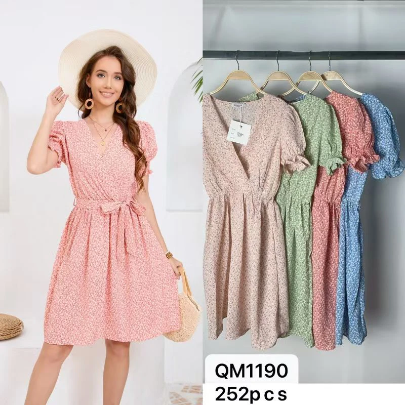Vestido floral corto cruzado con manga abullonada-QM1190
