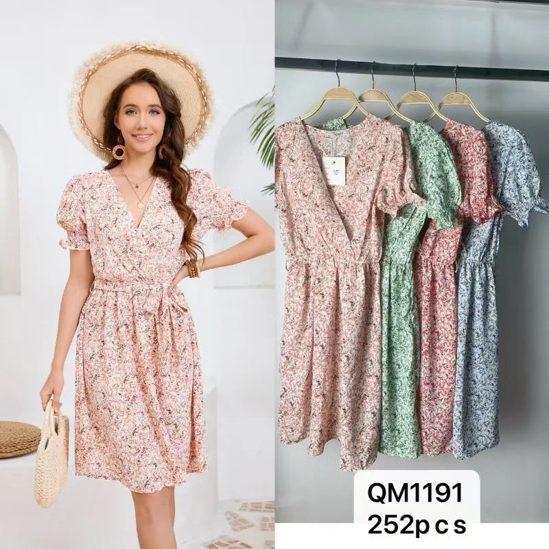 Vestido floral cruzado de manga corta-QM1191