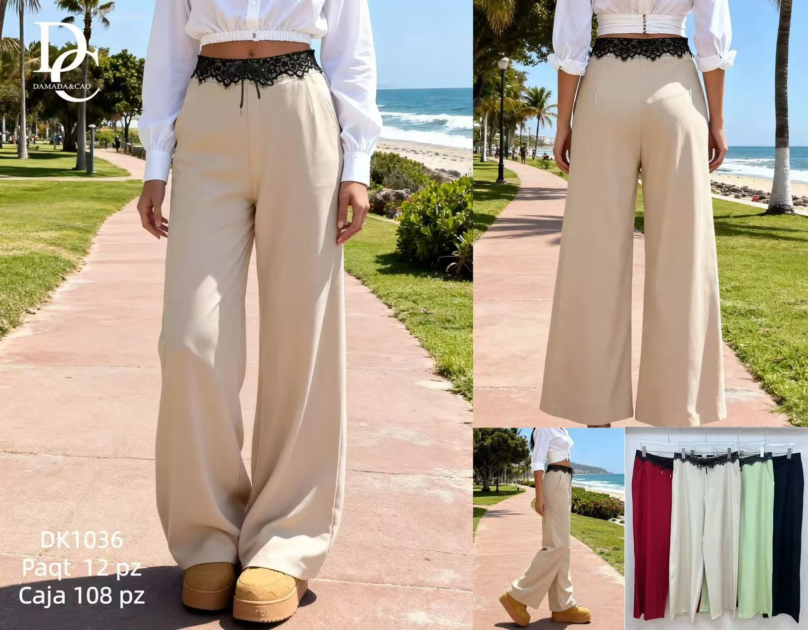 Pantalones anchos con detalle de encaje-DK1036