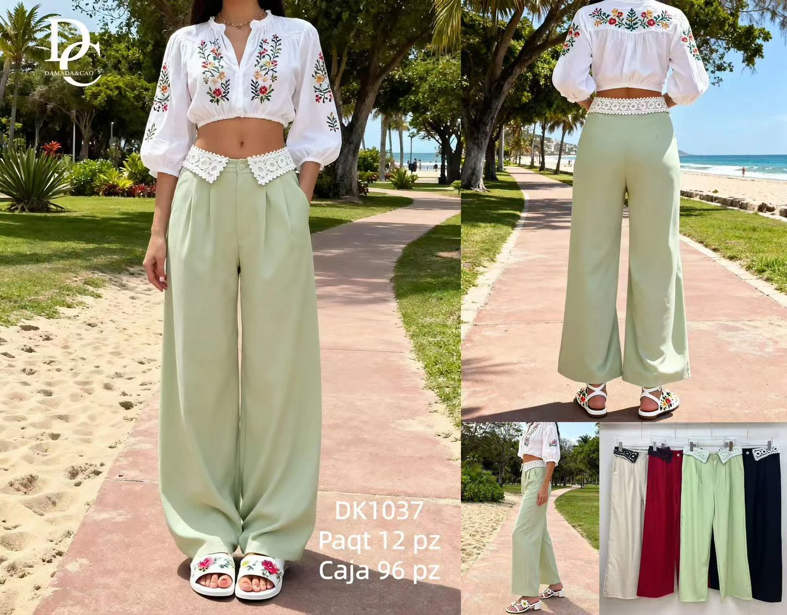Pantalones palazzo con cintura de encaje-DK1037