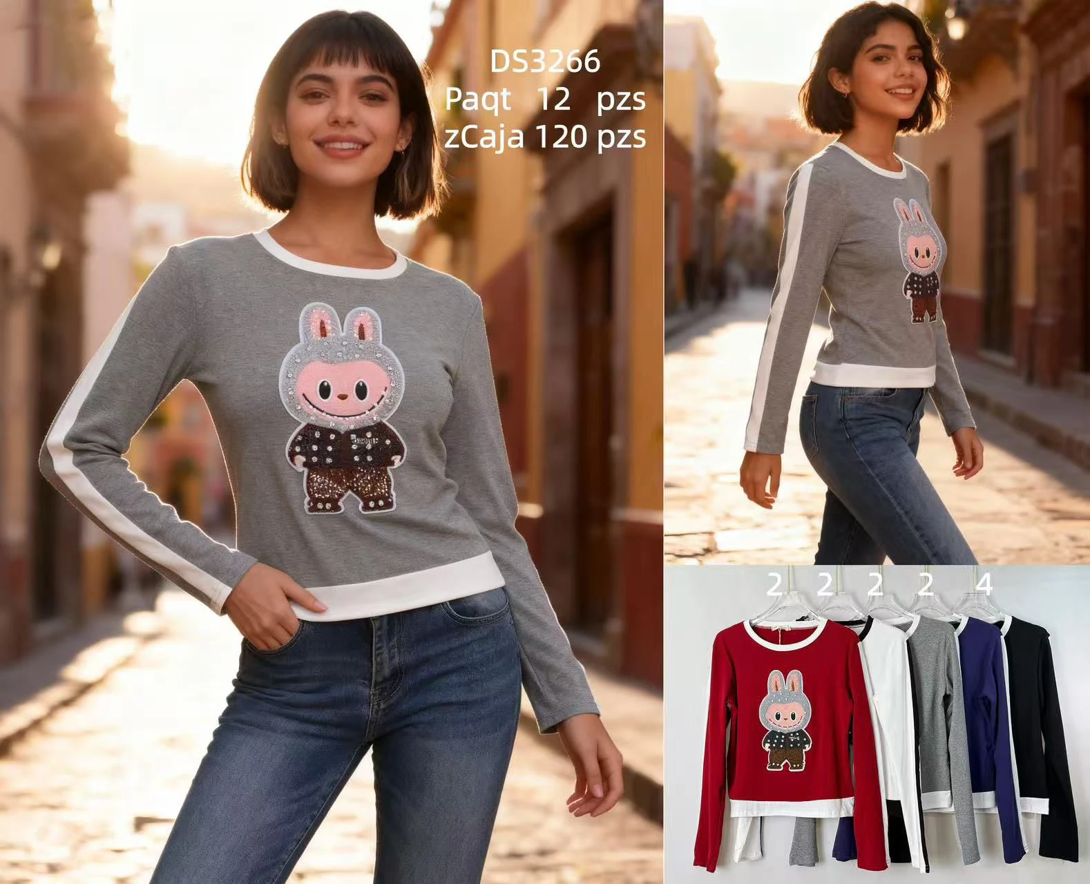 Playera de manga larga con aplique de conejo-DS3266