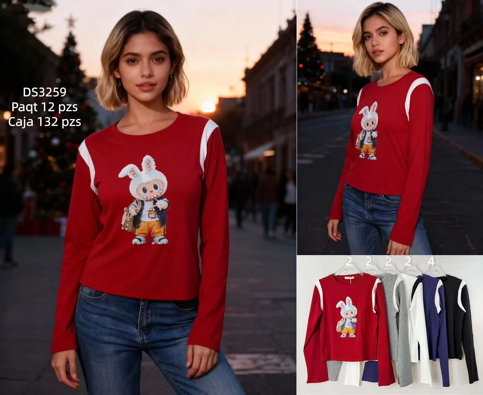 Playera de manga larga con estampado de conejo-DS3259