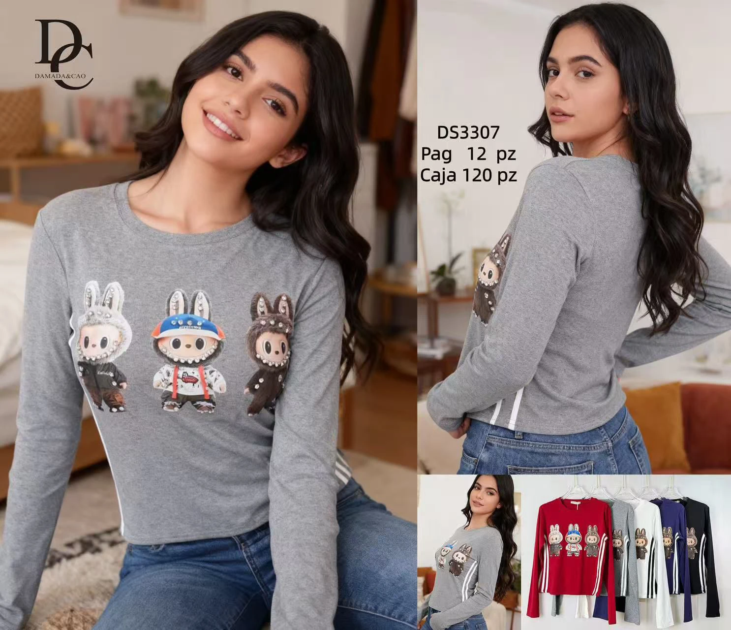 Playera de manga larga con estampado de conejos y detalle lateral-DS3307