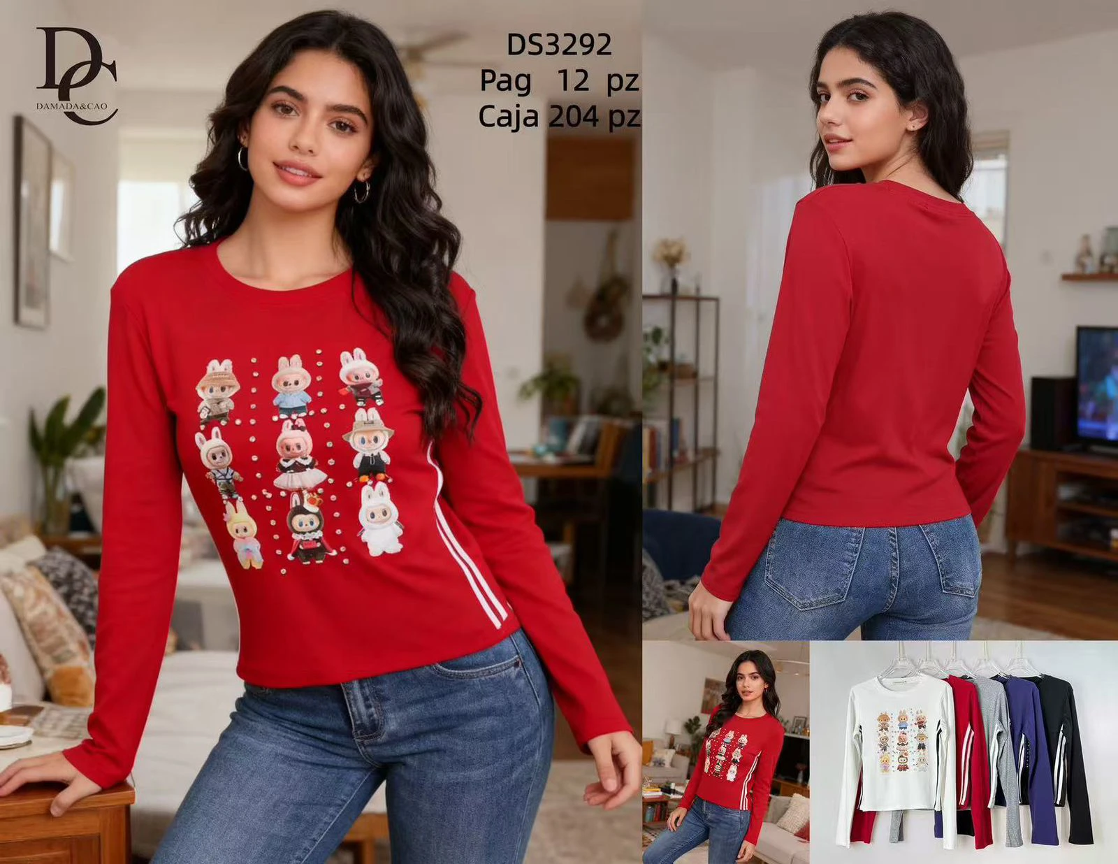 Playera de manga larga con estampado de conejos y rayas laterales-DS3292