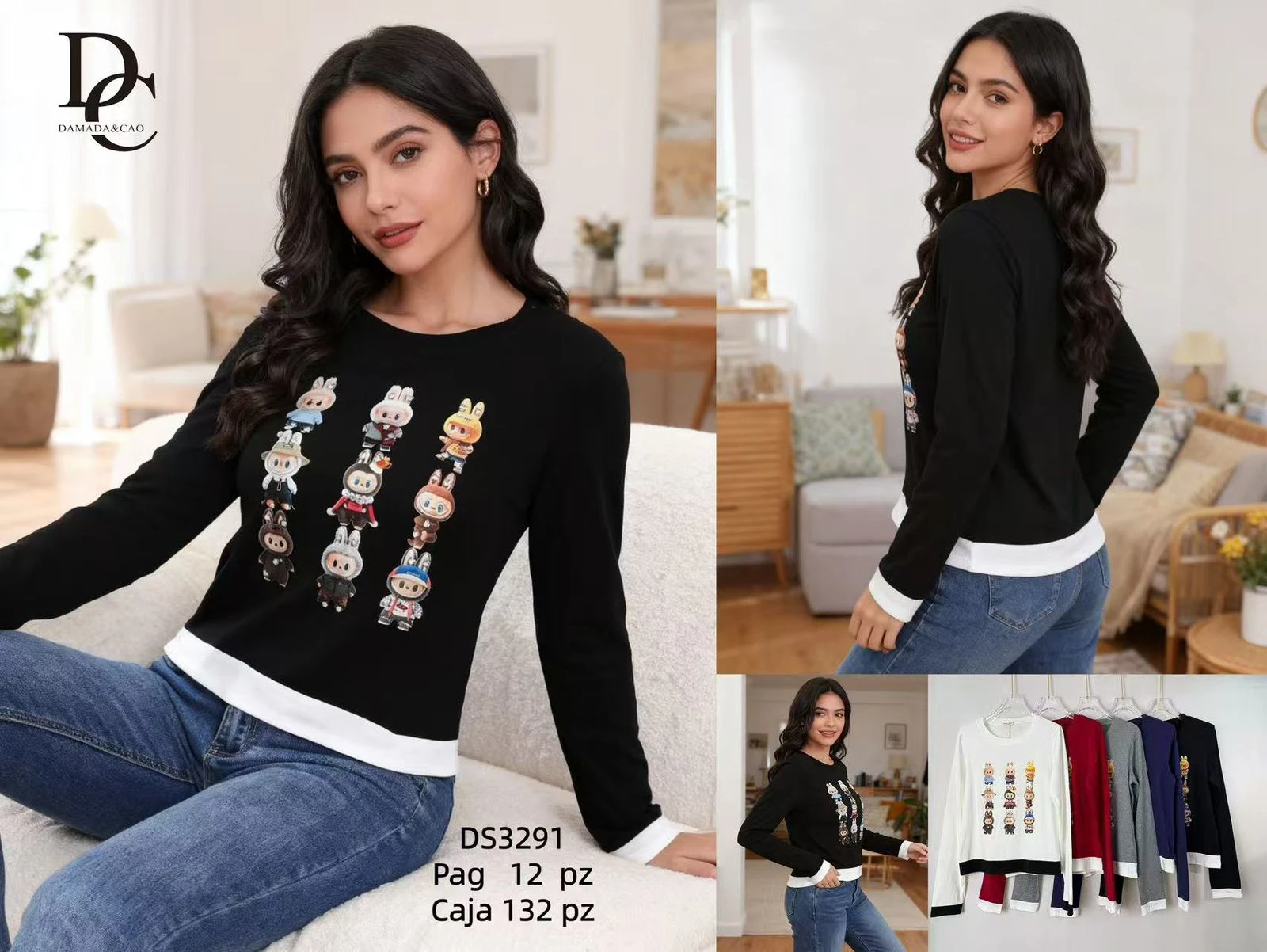 Playera de manga larga con estampado de conejos-DS3291