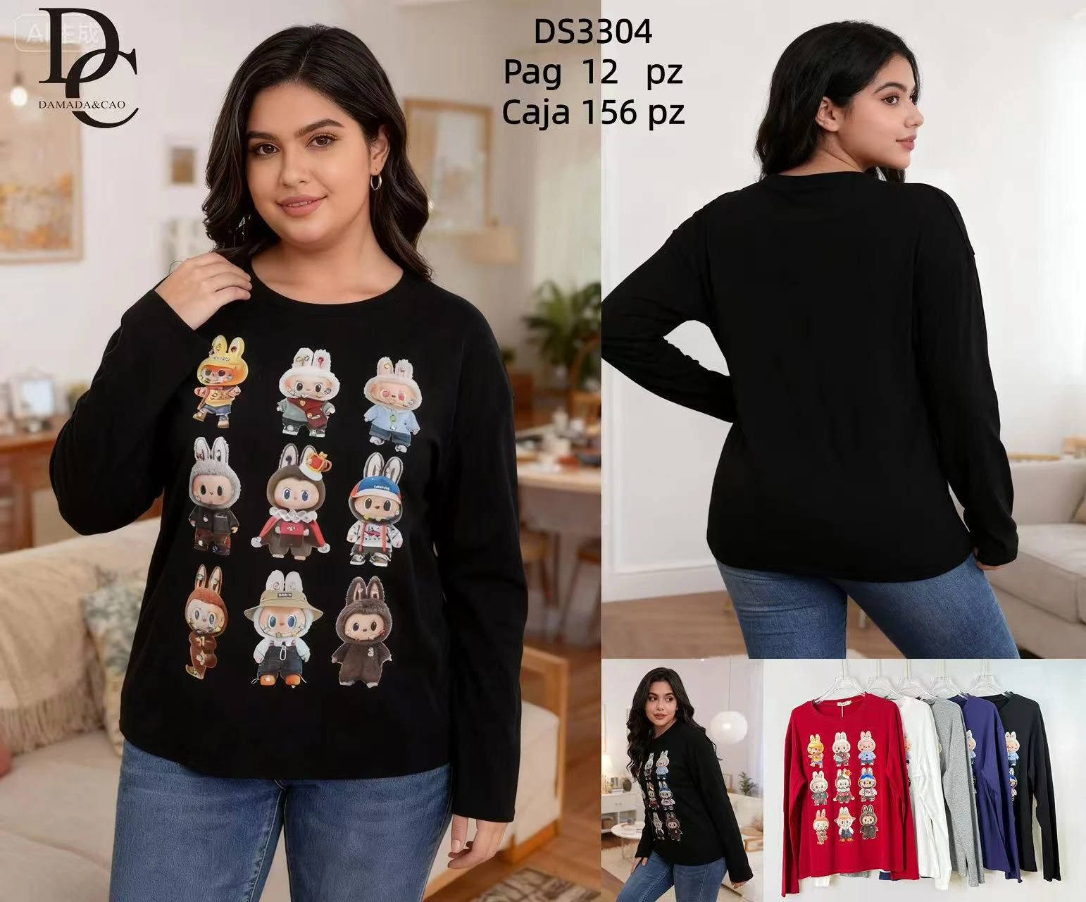 Playera de manga larga con estampado de conejos-DS3304