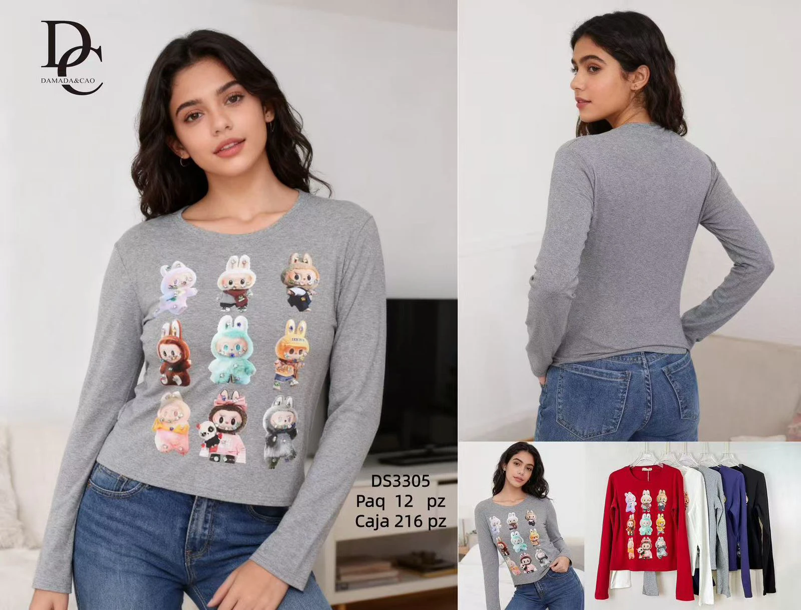 Playera de manga larga con estampado de conejos-DS3305
