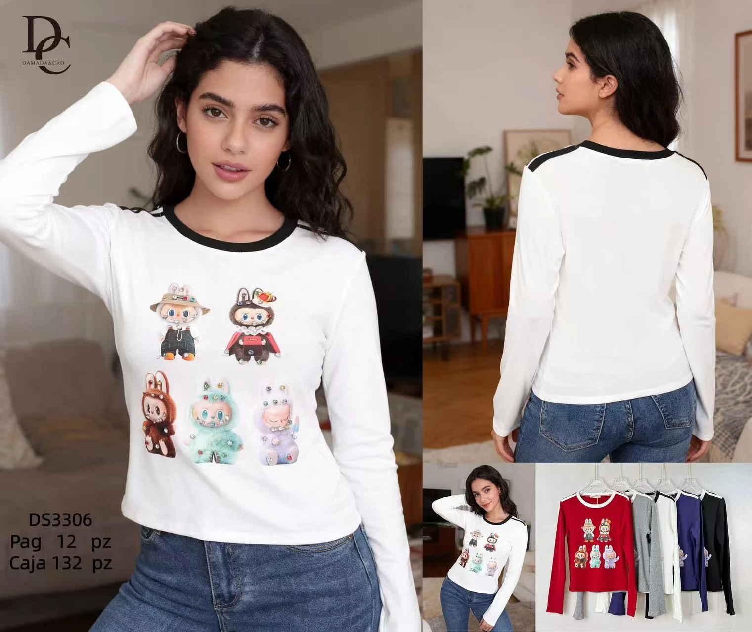 Playera de manga larga con estampado de conejos-DS3306