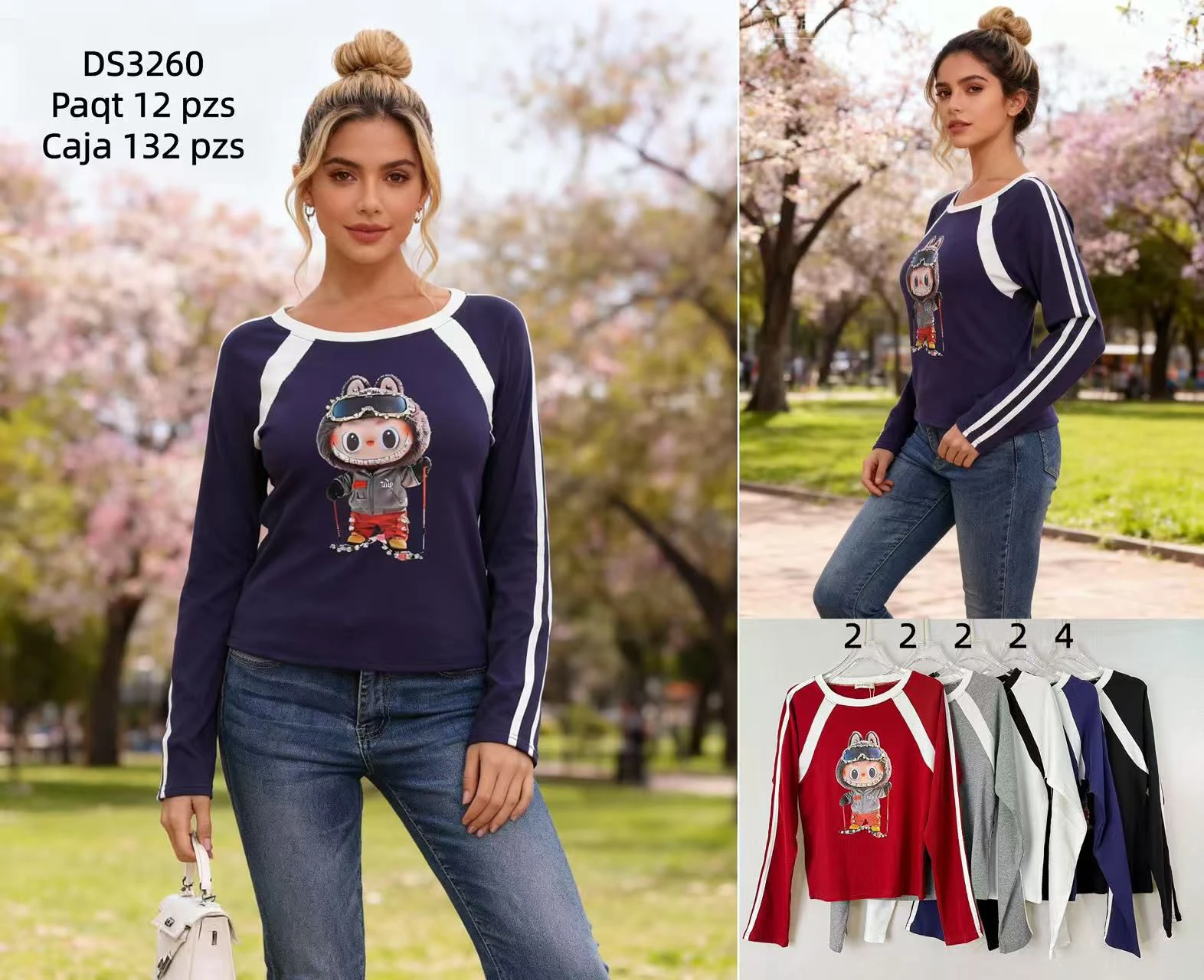 Playera de manga larga estampada con rayas en las mangas-DS3260