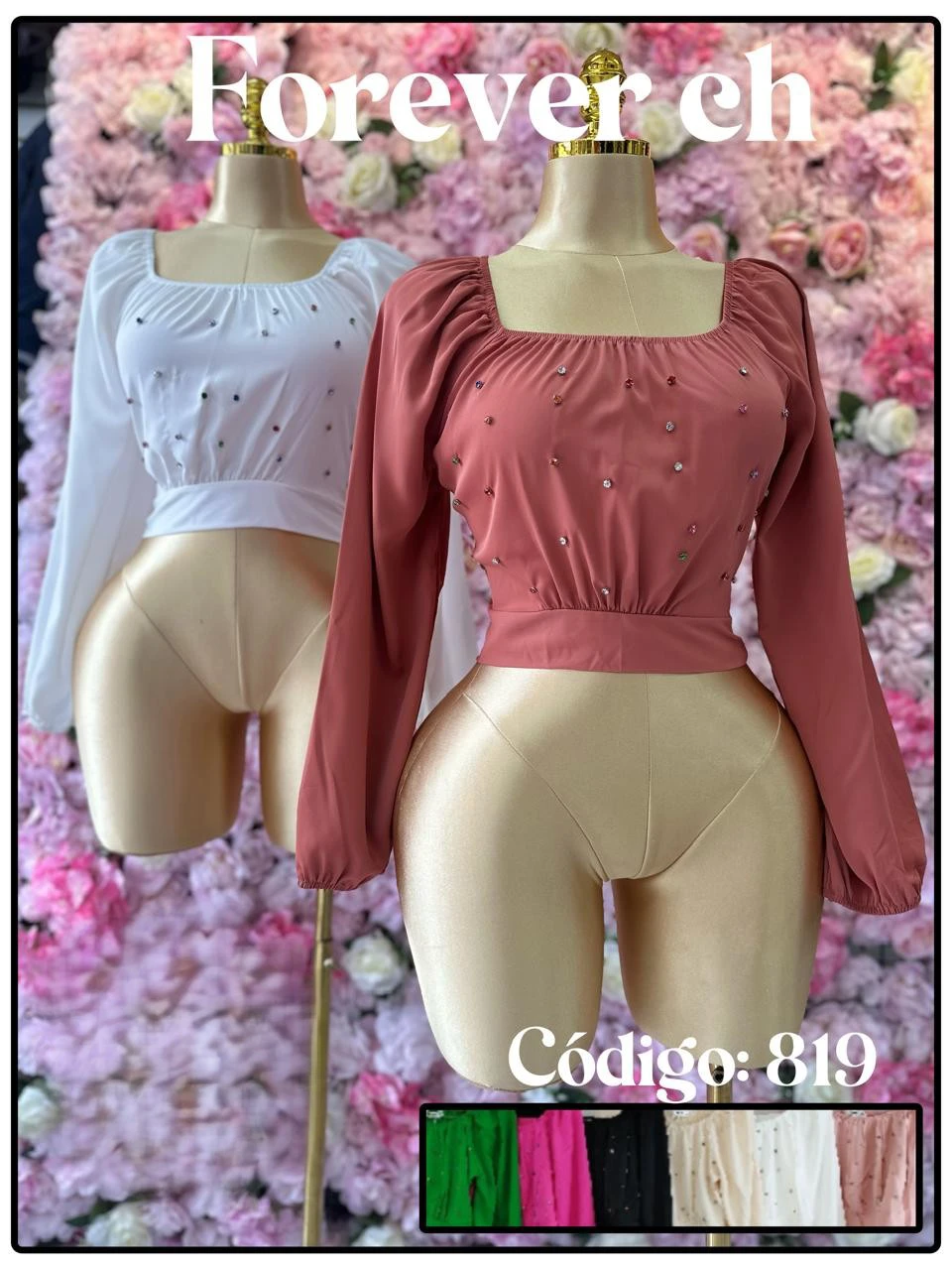 Blusa manga larga con diseño de brillos-819