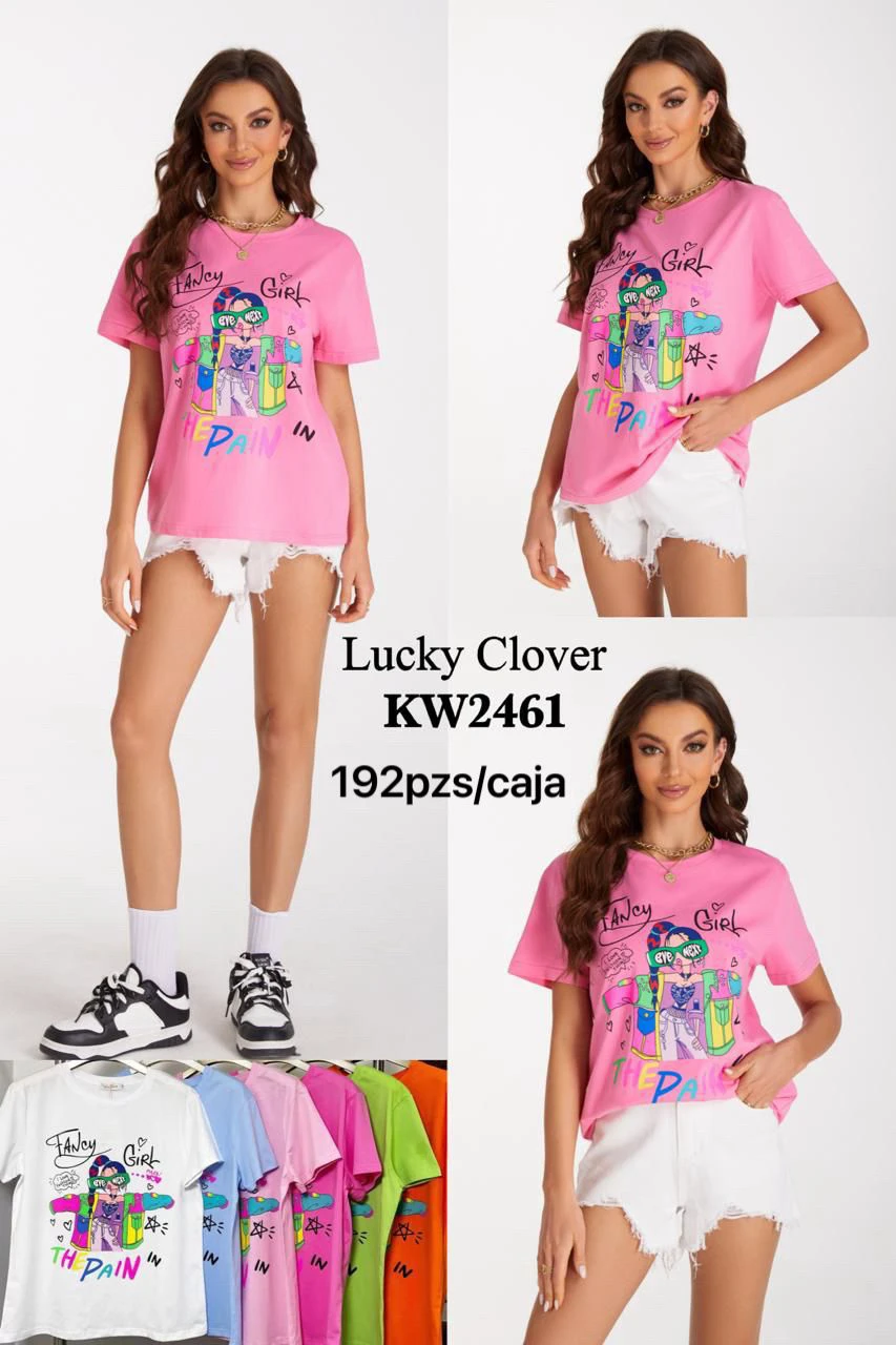 Playera de Manga Corta con Estampado de ‘Fancy Girl’-KW2461