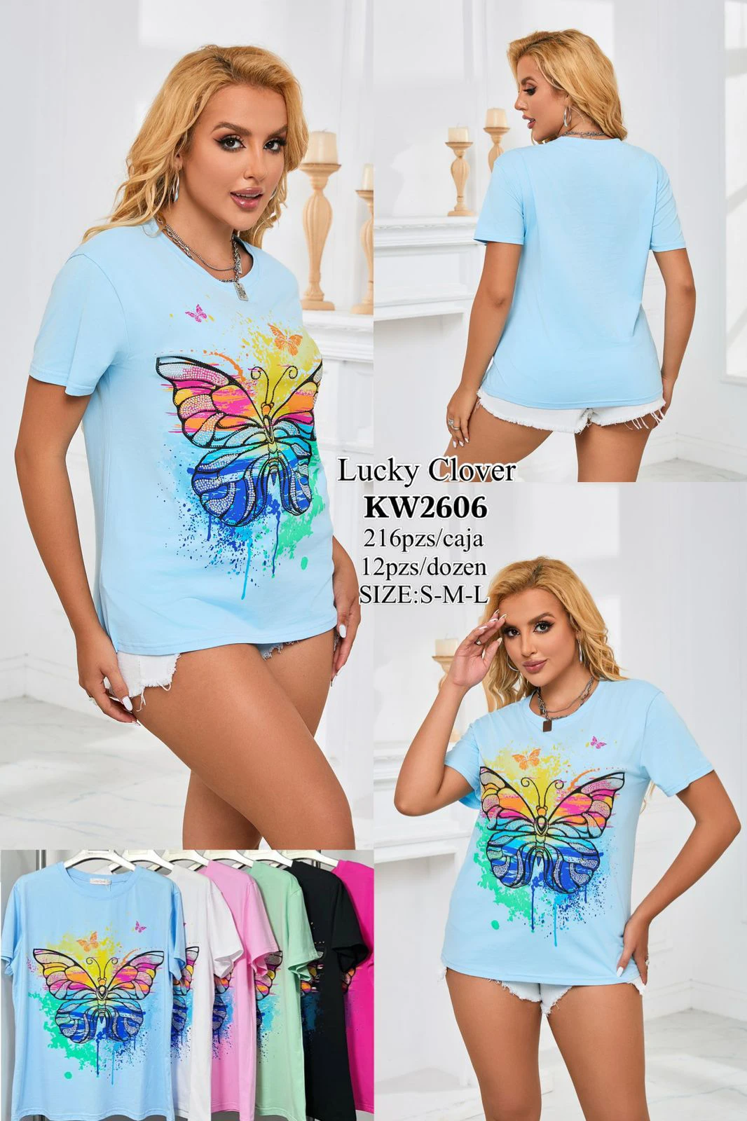 Playera de manga corta con estampado de mariposa-KW2606